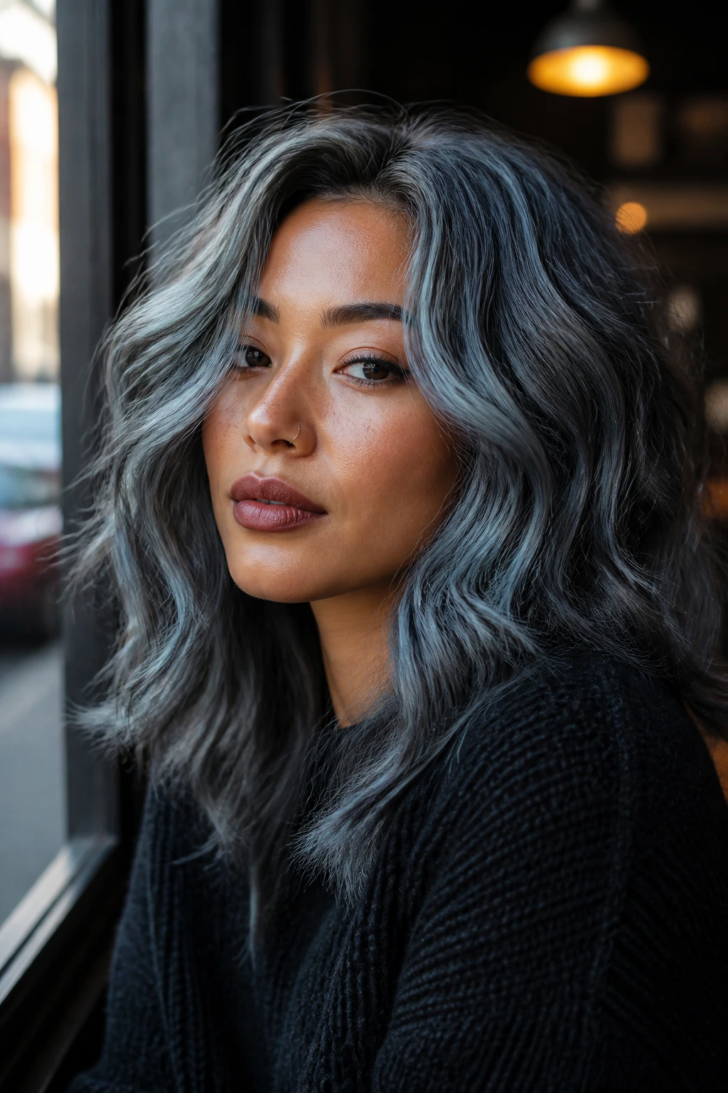 Close-up of a woman with blue-gray smoke hair and beachy waves