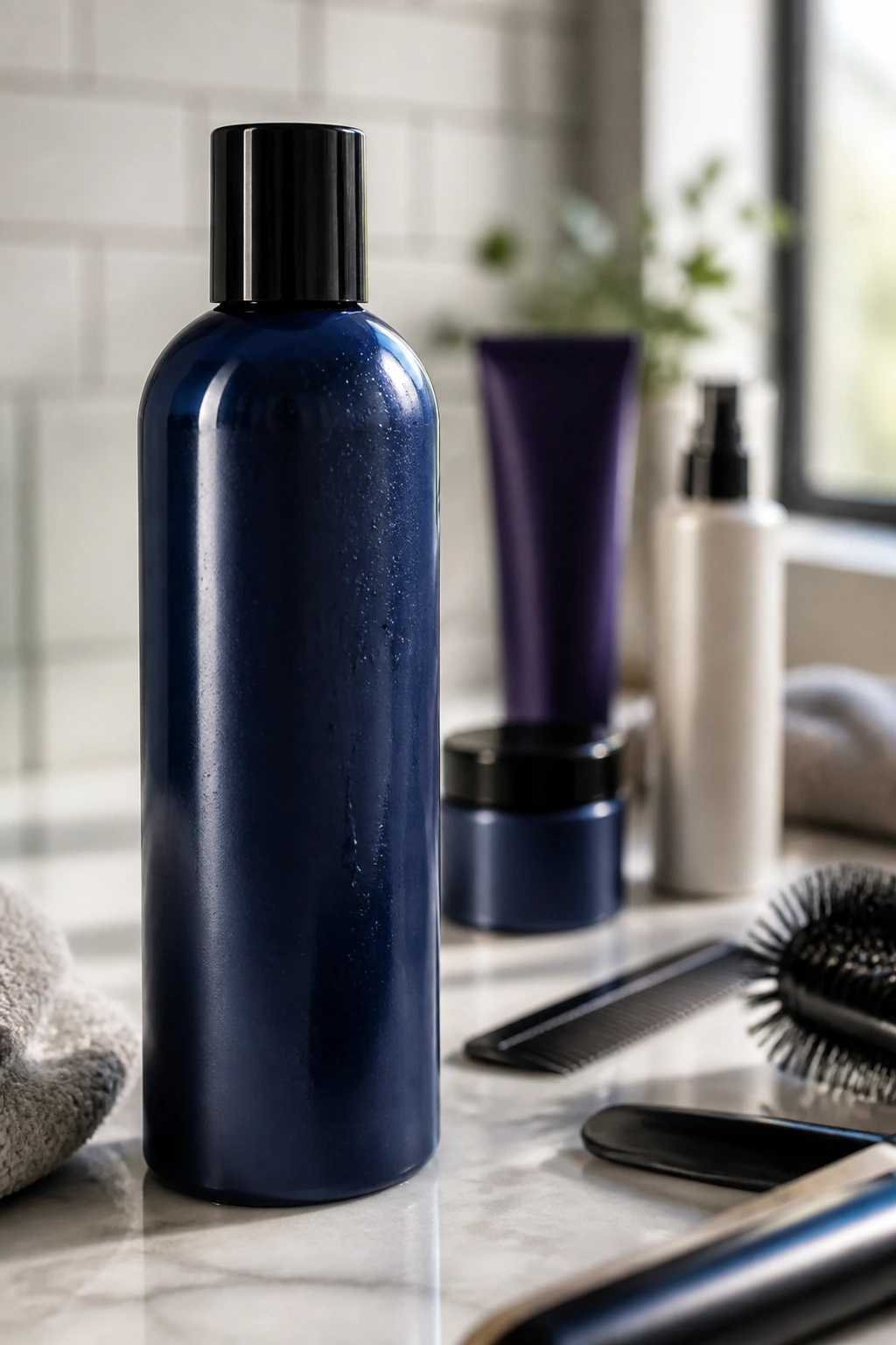 Blue shampoo bottle on bathroom counter as color-honest toolkit