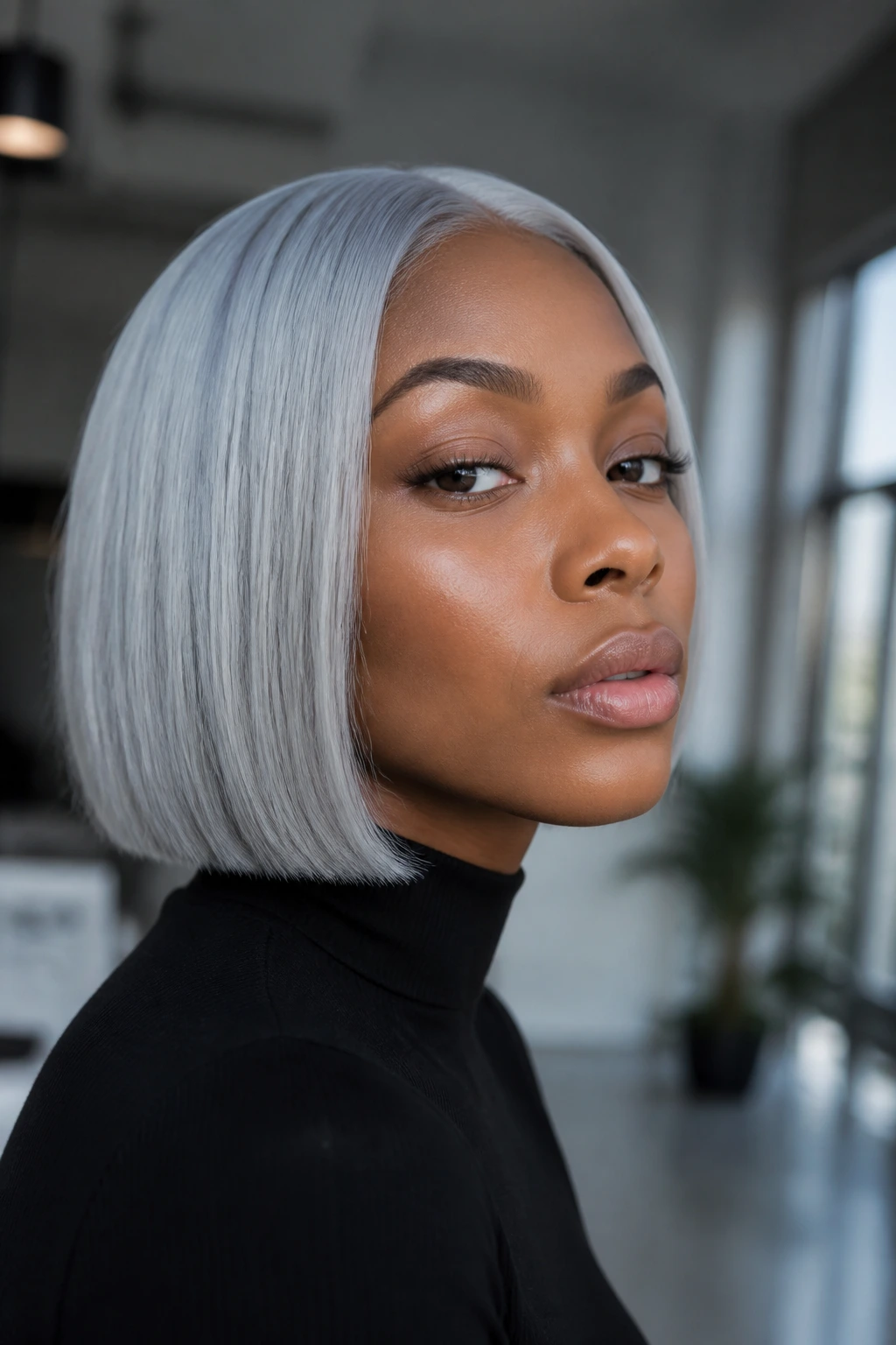 Close-up of a real person with blue-steel platinum hair in blunt bob