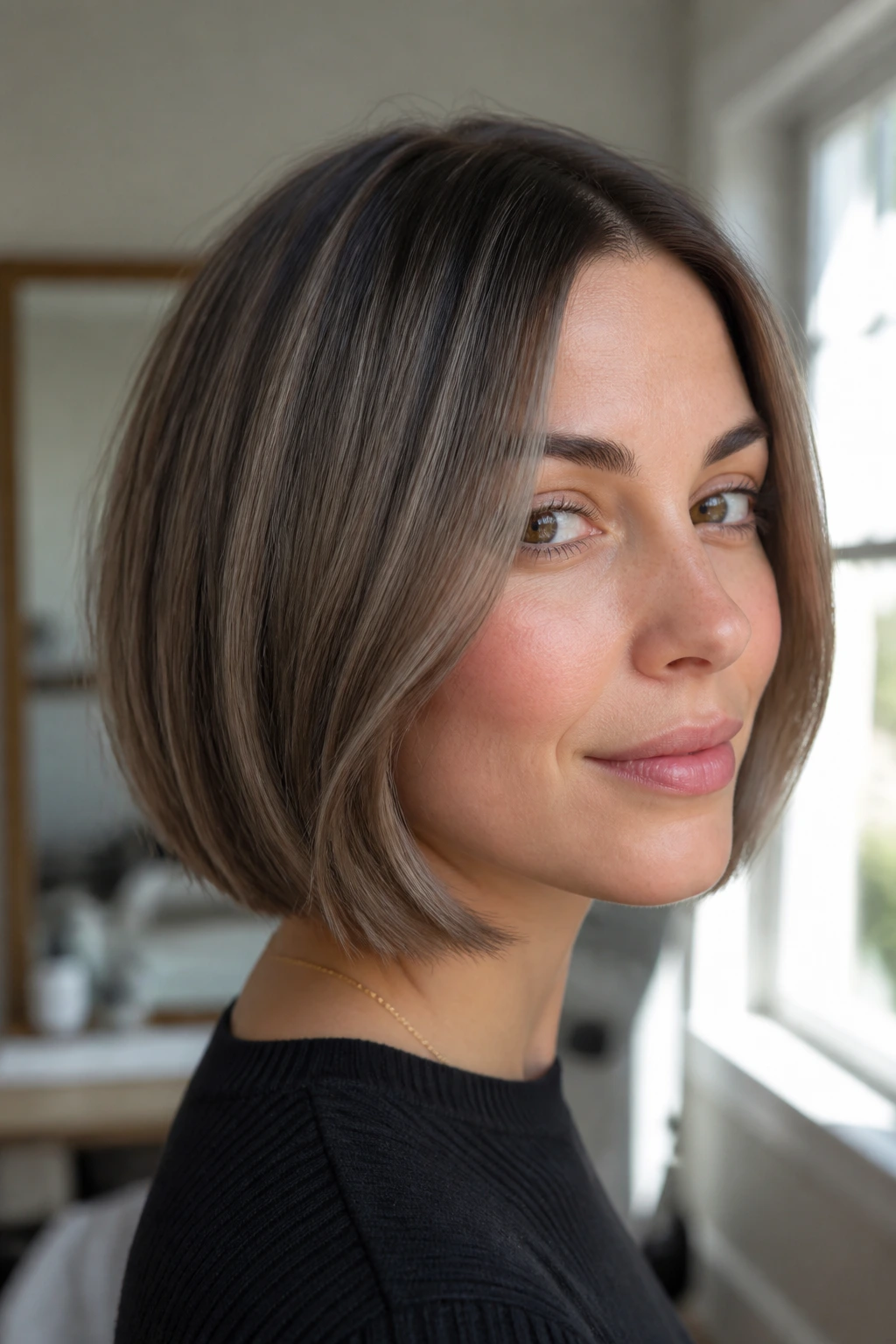 Close-up portrait of real woman with chin-length bob showing cool ash tones in daylight