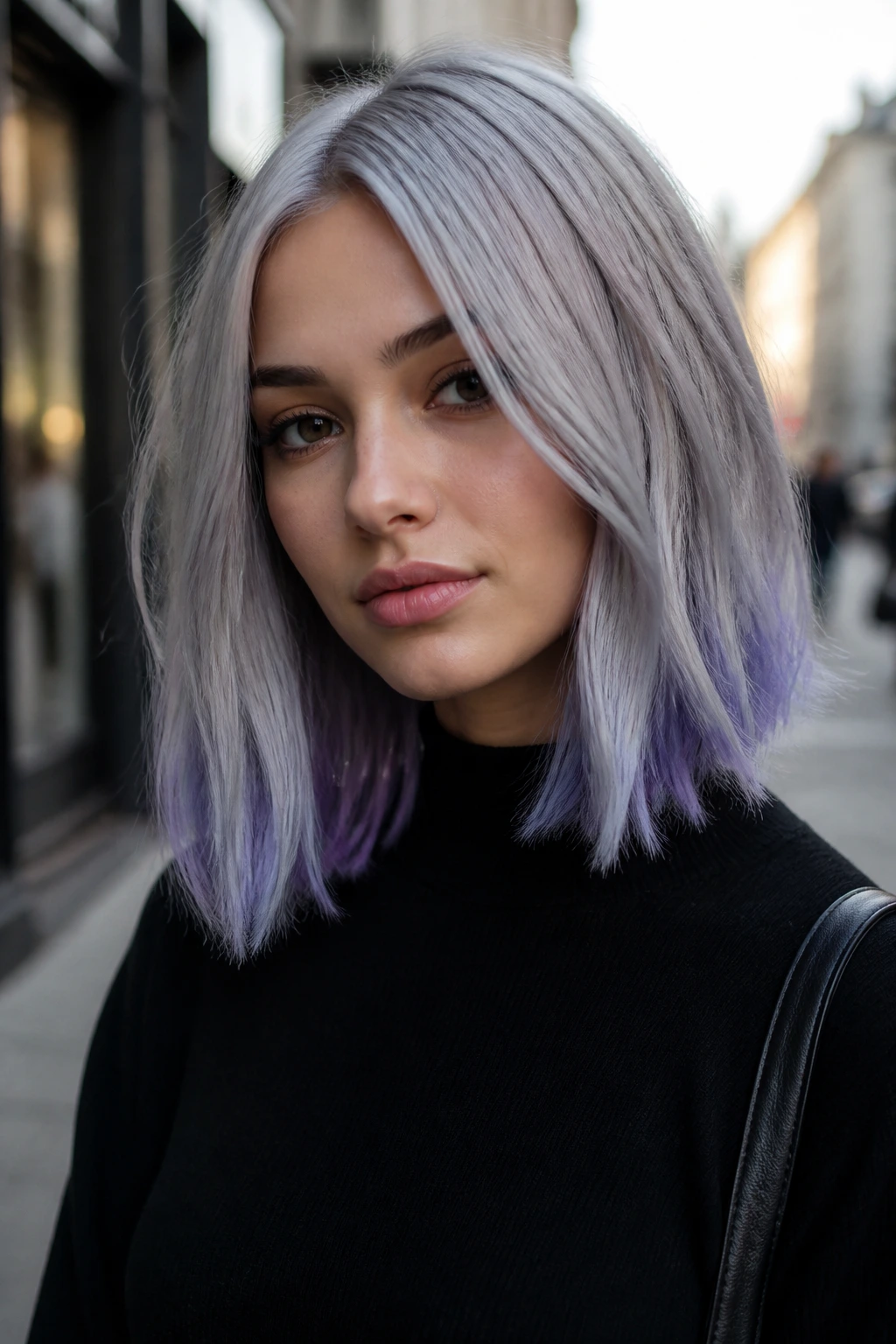 Close-up of blue-violet platinum lob on a real person