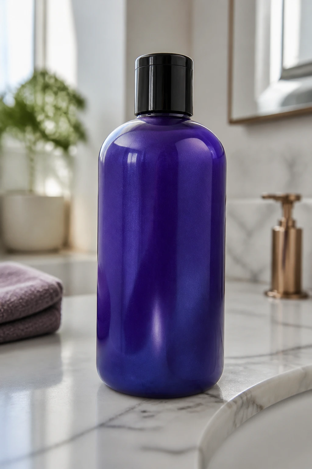 Close-up of a blue-violet shampoo bottle on a bathroom counter