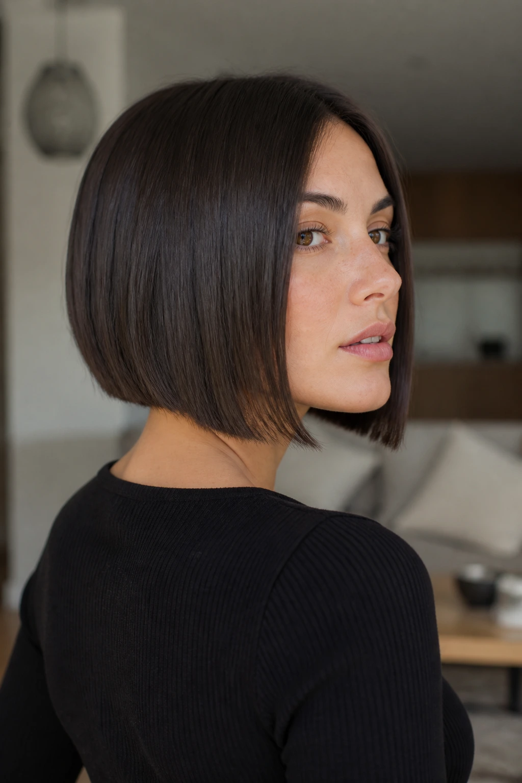 Real woman with blunt perimeter and hidden graduation, close-up portrait