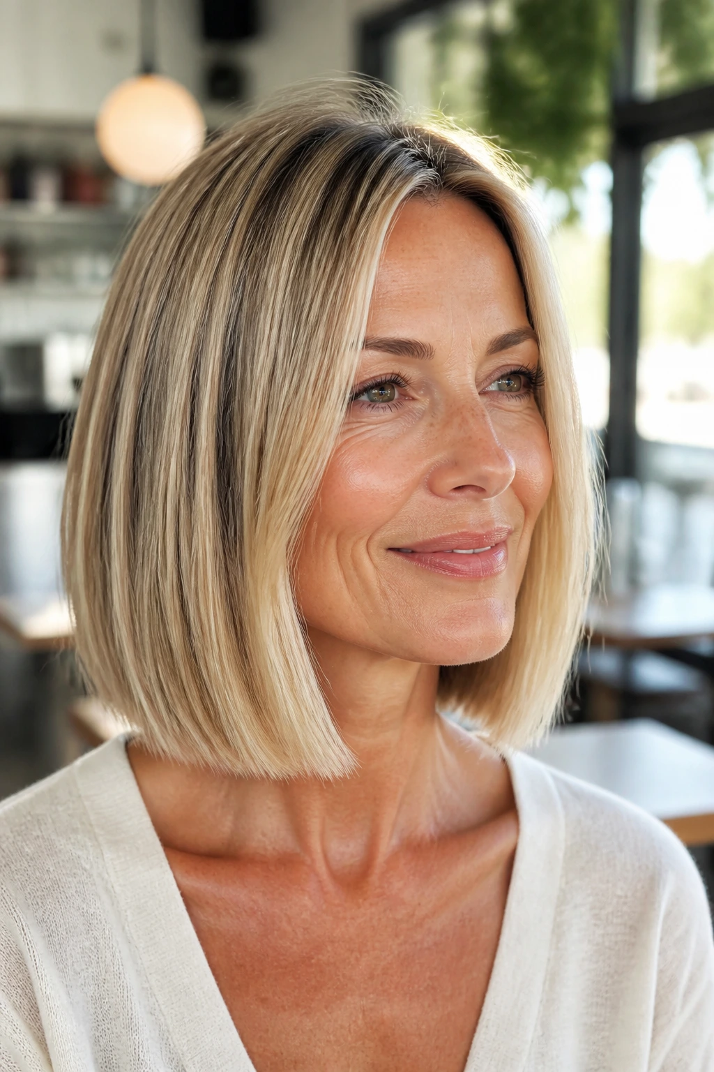 Real woman with a blunt-air lob, clean perimeter with subtle end bend.