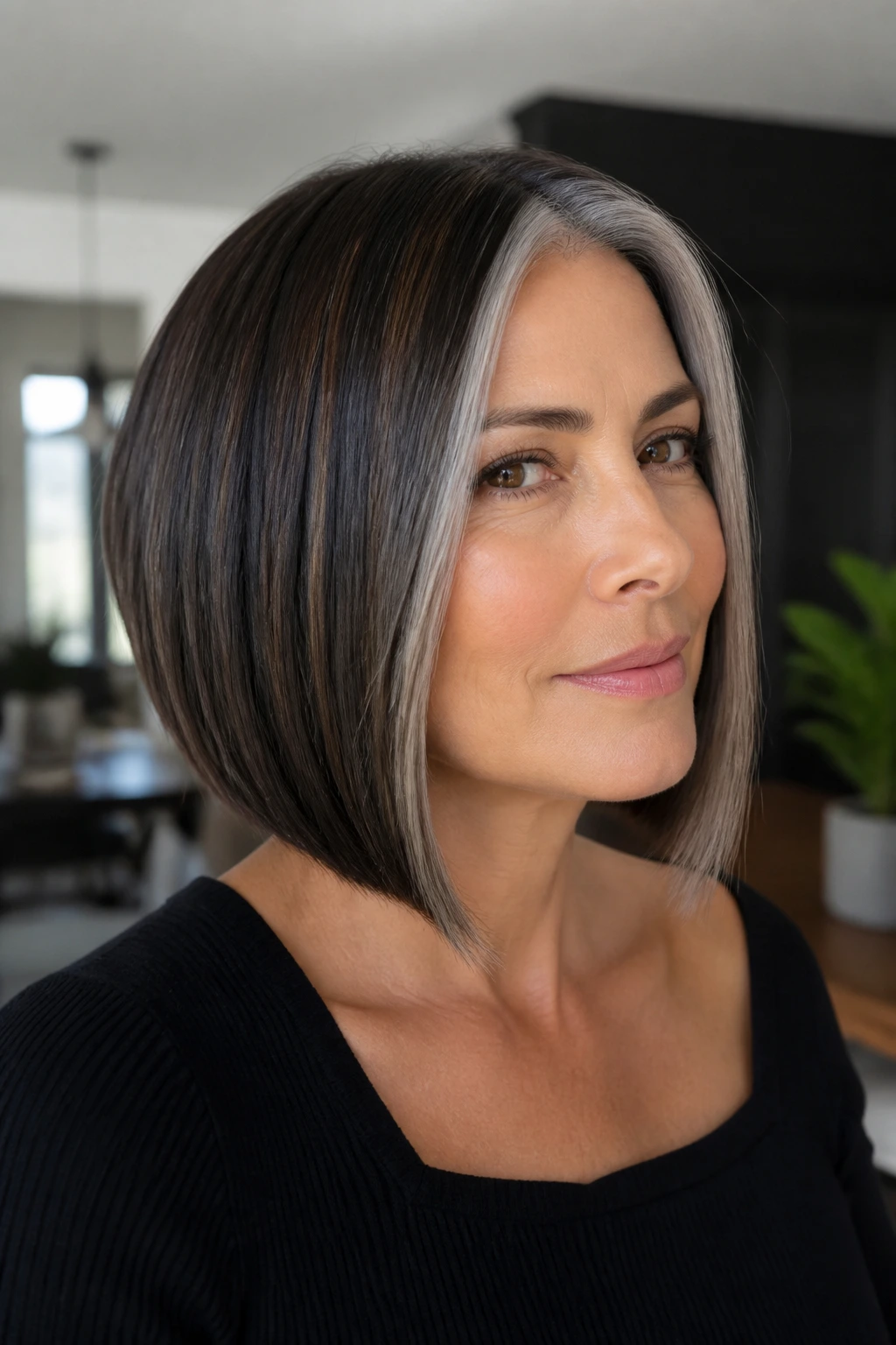 Blunt angled bob with soft grey money piece on a real person