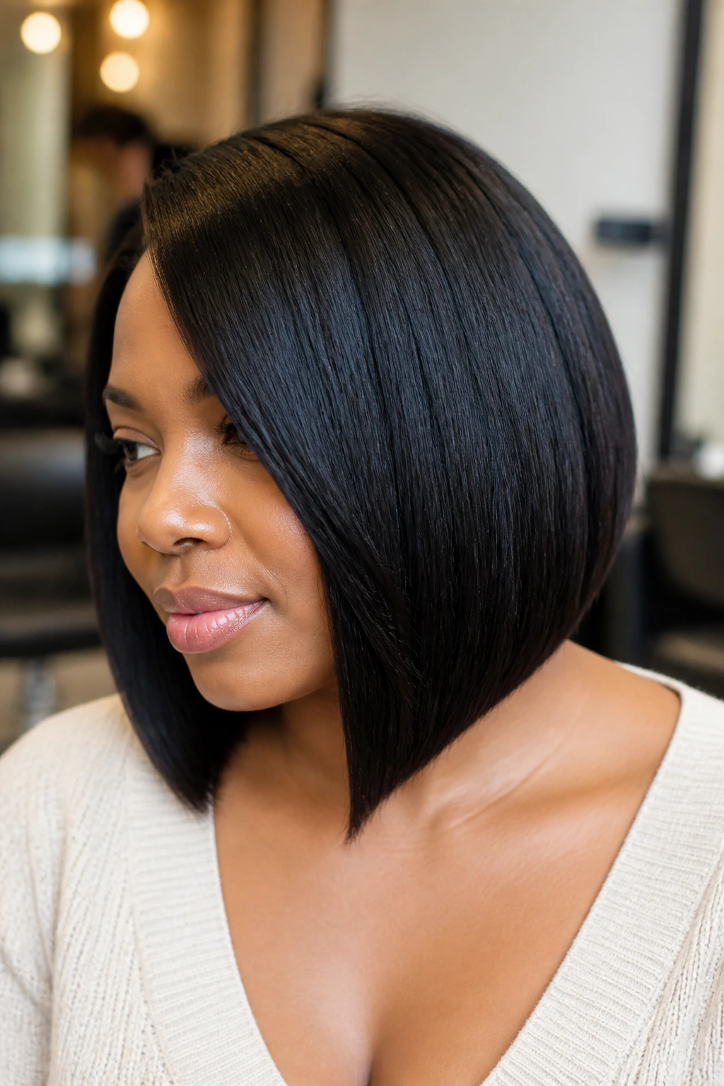 Close-up of real woman with blunt angled bob and thick hair
