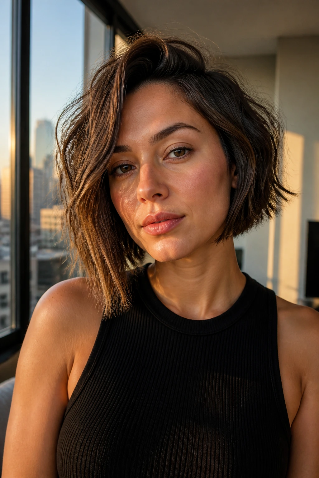 Close-up portrait of a real woman with blunt asymmetrical bob and airy texture in window light