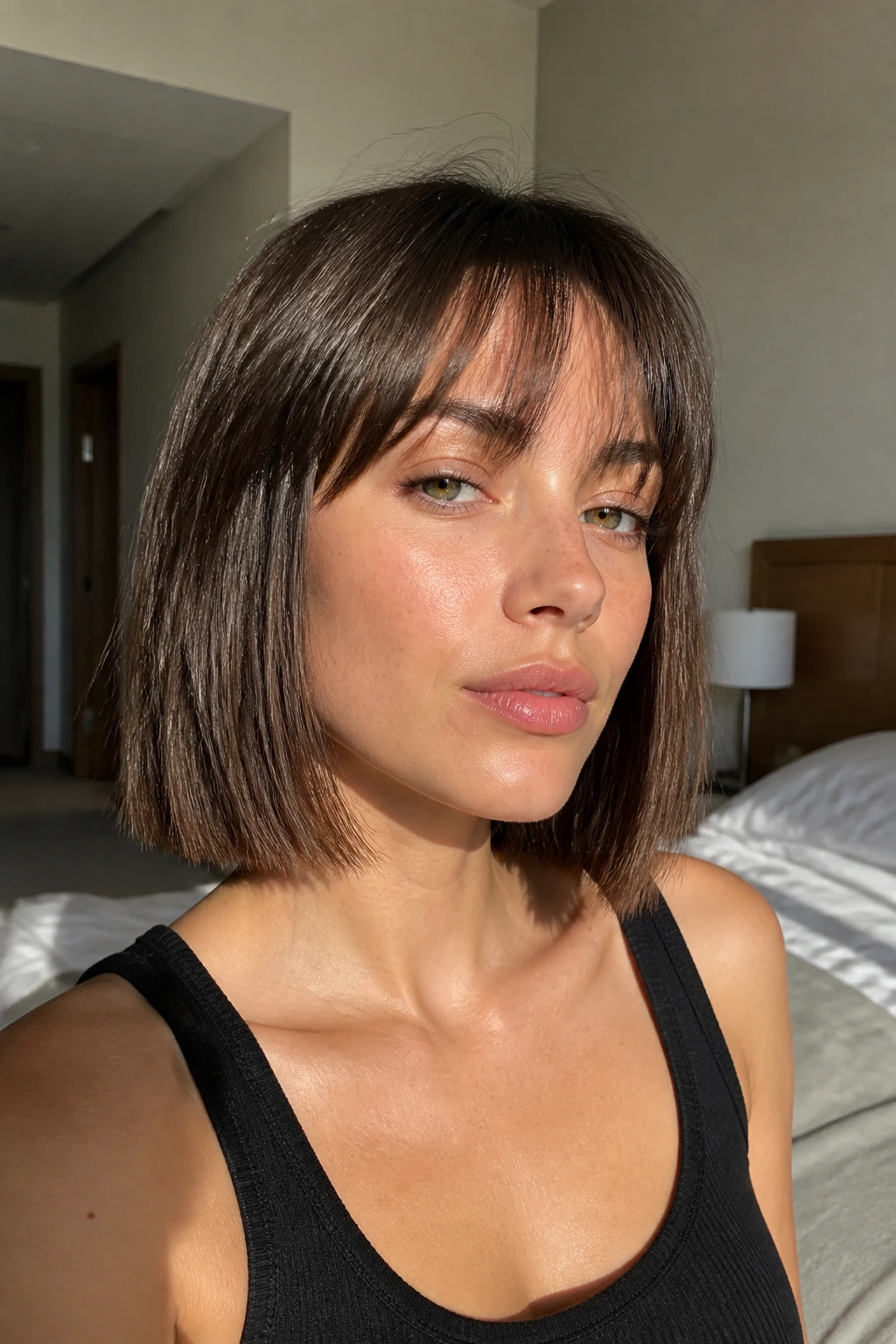 Real woman with blunt-ended bob and wispy bangs in sunlit bedroom