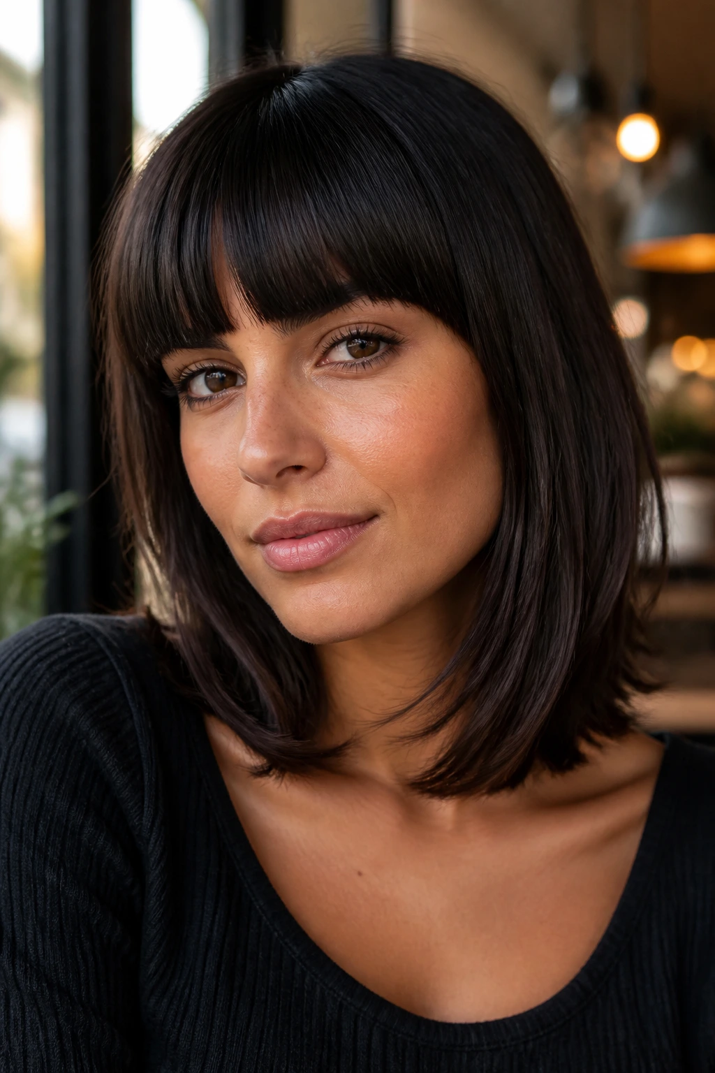 Real woman with blunt bangs and collarbone-length brunette hair