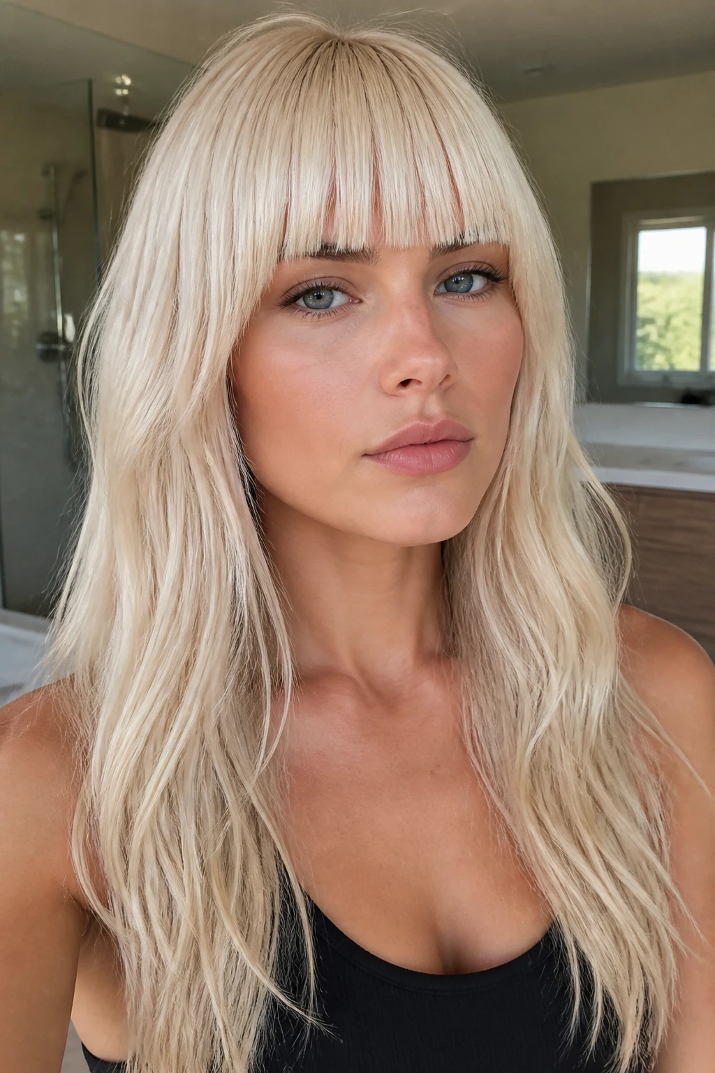 Real woman with brow-grazing blunt bangs in cream blonde