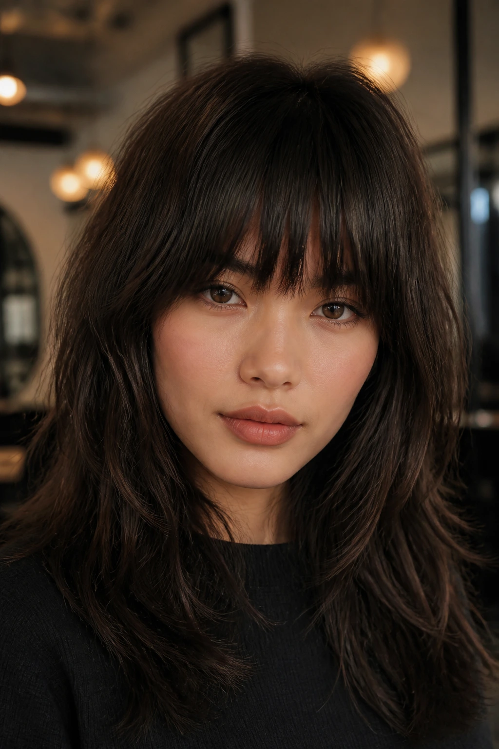 Close-up of a real person with blunt-base choppy bangs for dense hair in a salon light.