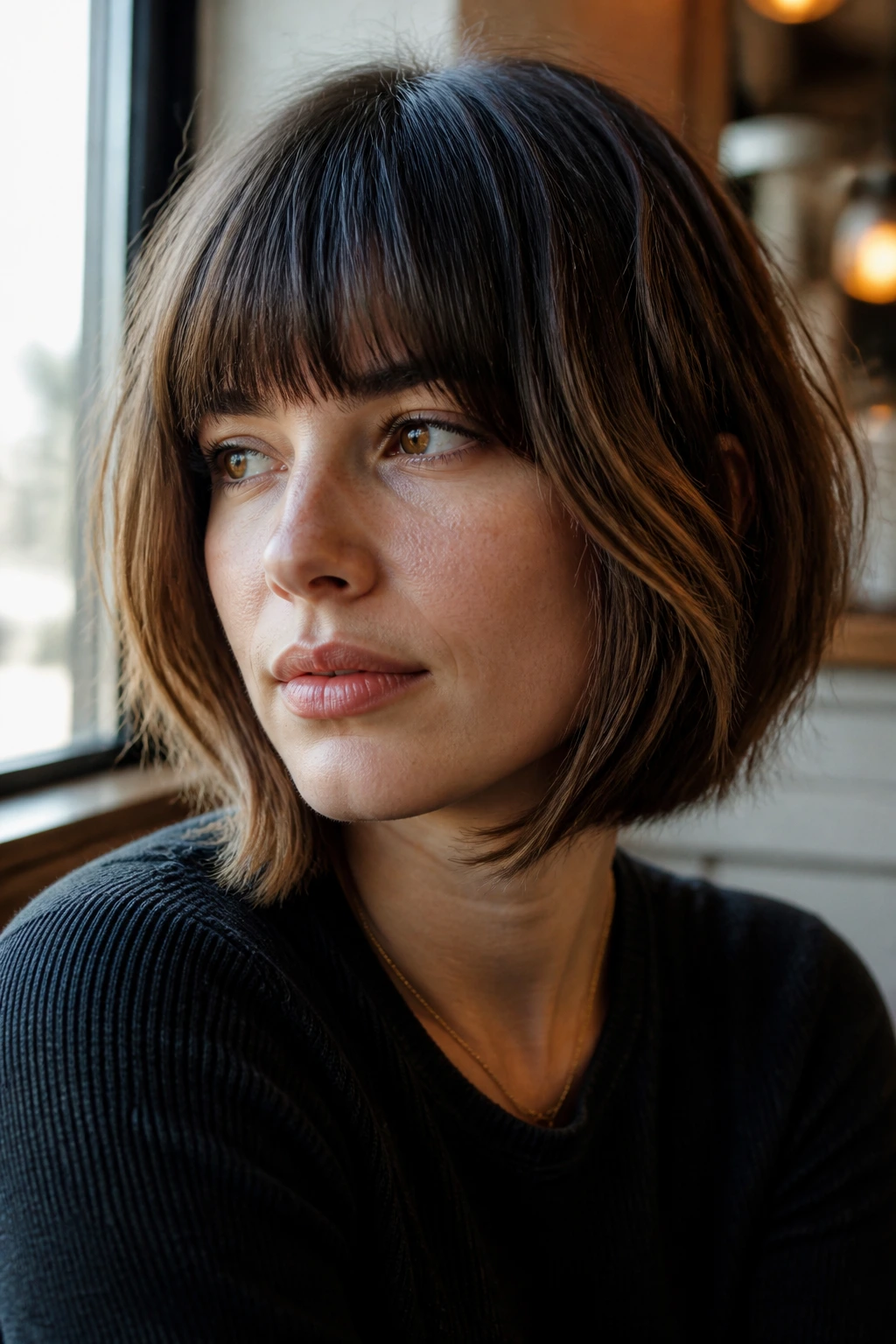 Close-up of a real woman with blunt bangs and side framing layers