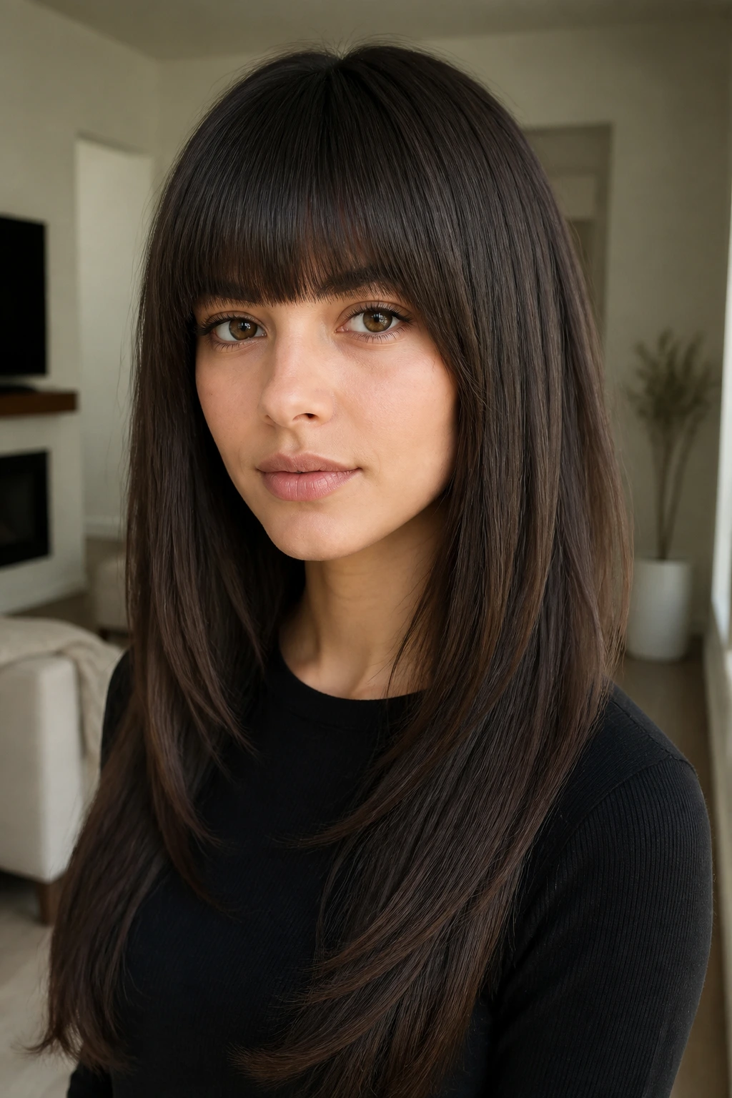 Close-up of blunt bangs with long internal layers on a real woman