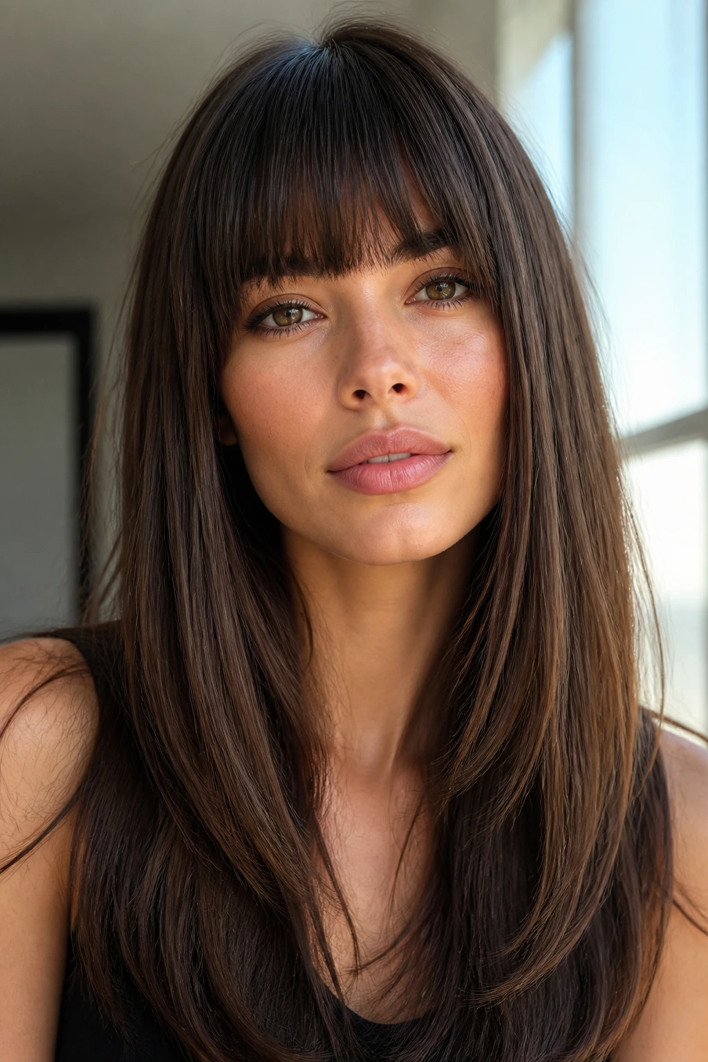 Portrait of a real woman with blunt brow-grazing bangs and smooth long layers