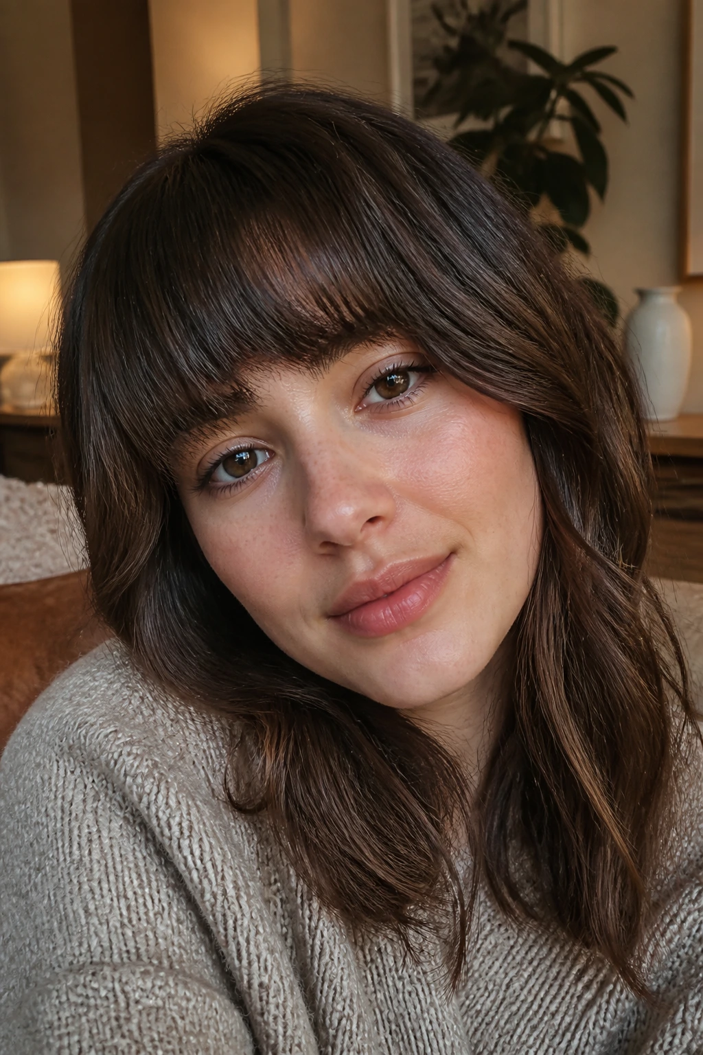 Close-up portrait of a real woman with grown-out blunt bangs and rounded corners.