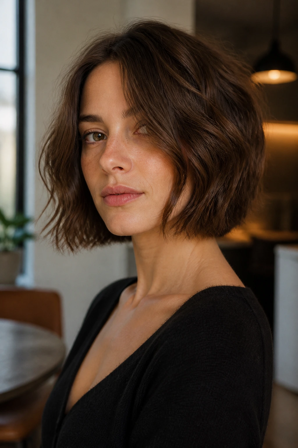 Close-up of a real woman with blunt-base bob and internal layers in a stylish apartment.