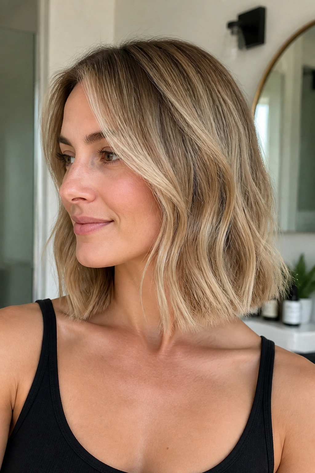 Close-up of a real woman with blunt base at collarbone length and subtle internal layers