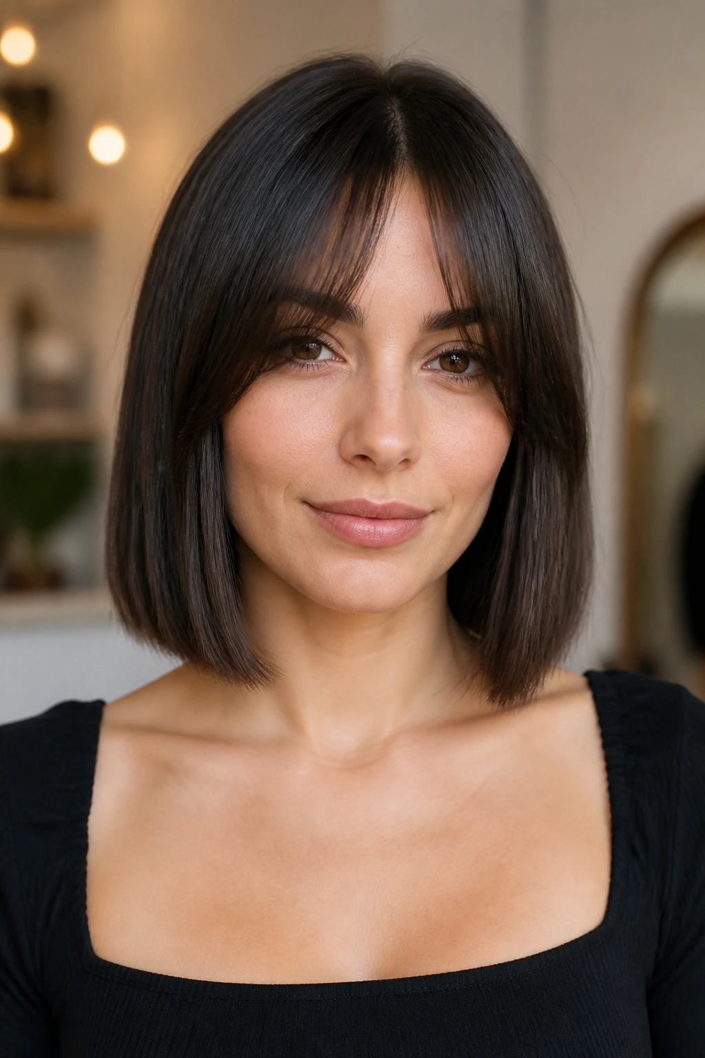 Close-up of a real woman with blunt one-length base haircut and curtain bangs in a warm interior