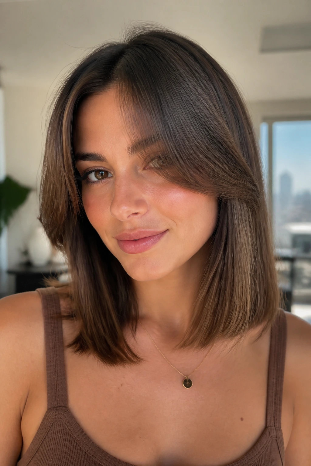 Close-up of a person with blunt base and long curtain bangs