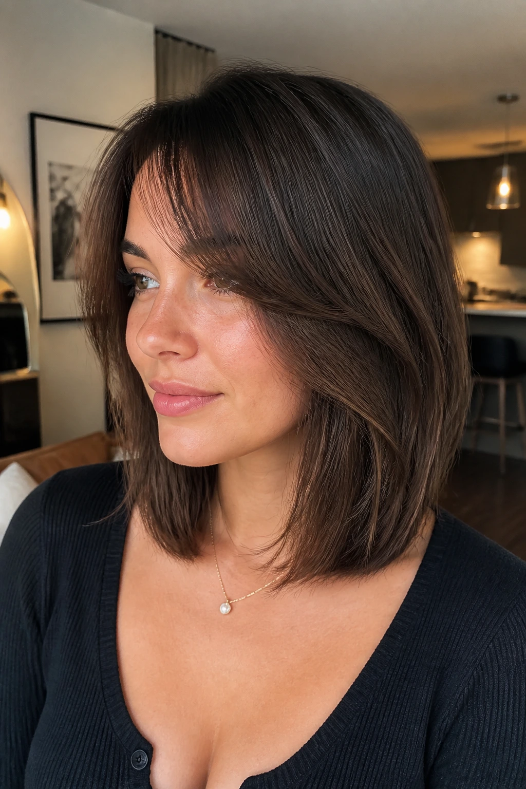 Close-up of real woman with blunt base and hidden layers in warm interior light