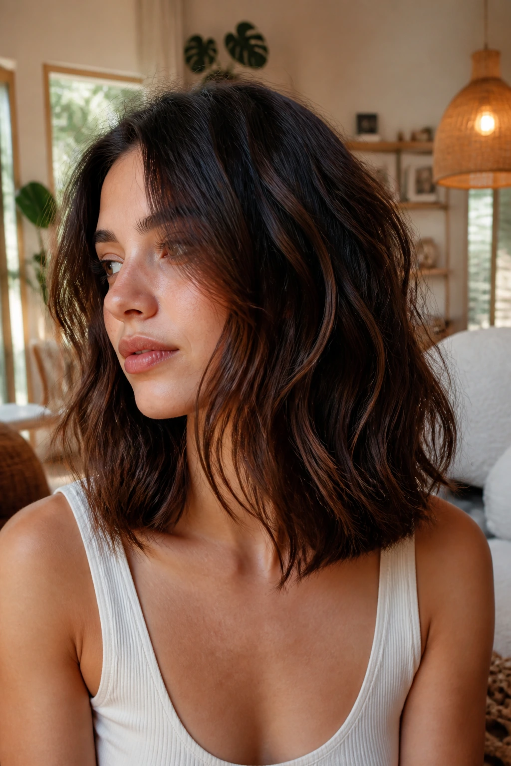 Close-up portrait of a woman with blunt base and hidden layers under the top, hair dominating frame