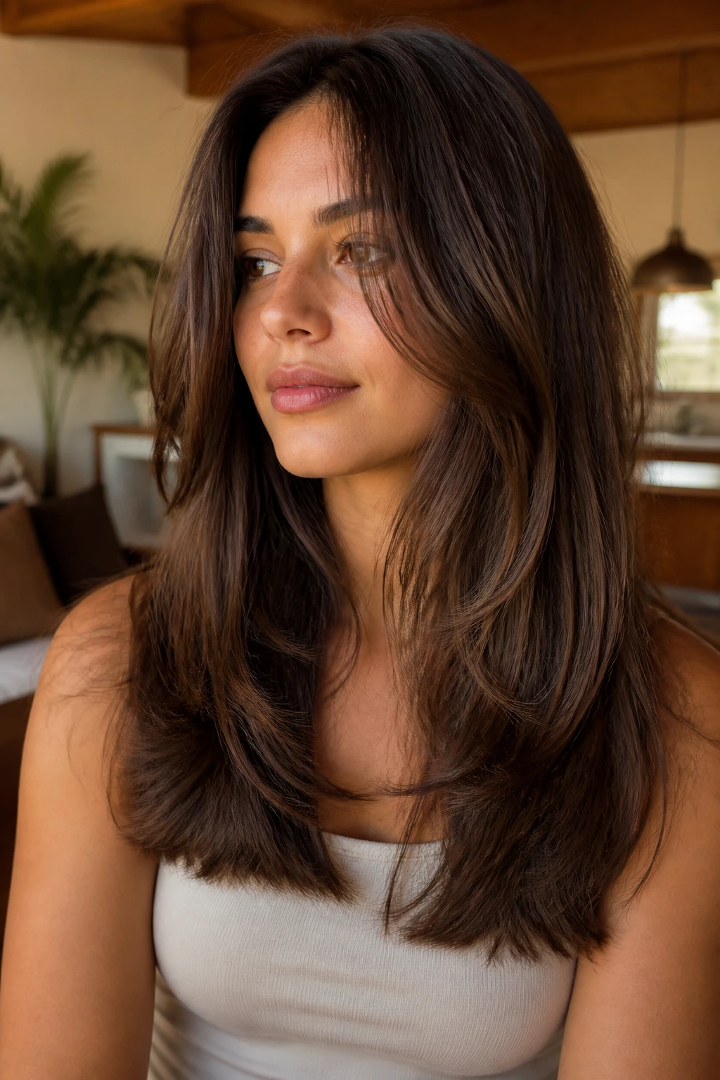 Portrait of a real woman with blunt base and long interior layers