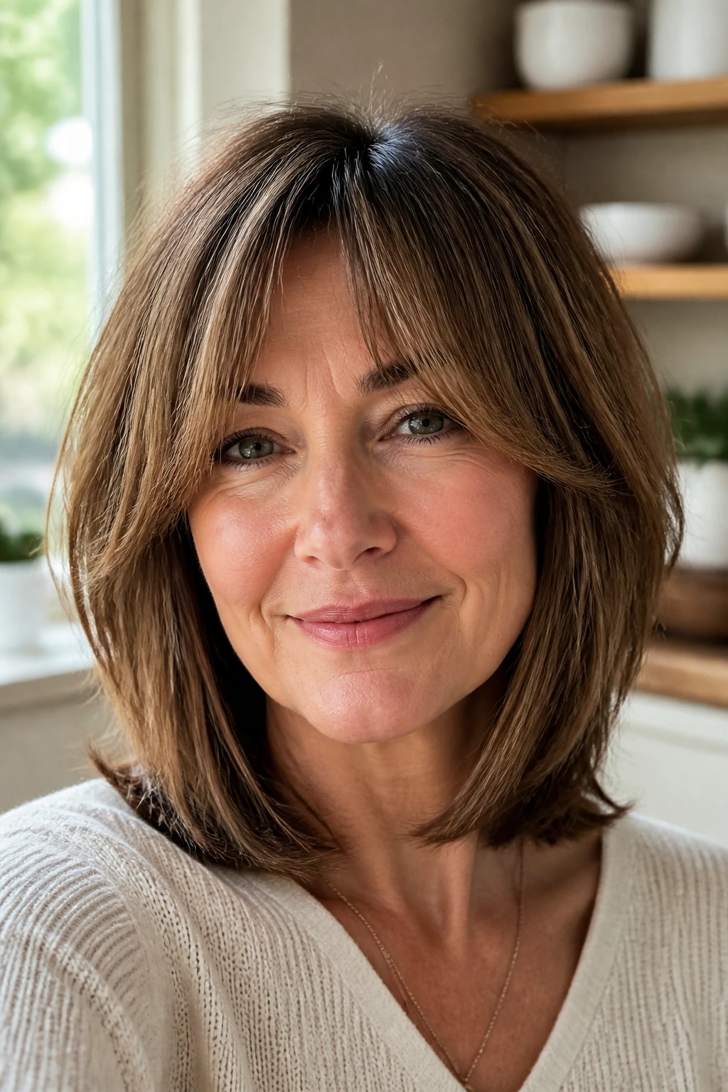 Close-up of a real woman with blunt base and face-framing layers