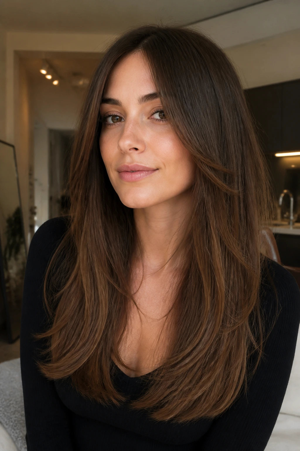Close-up portrait of a real woman with a blunt base and hidden face-framing layers.