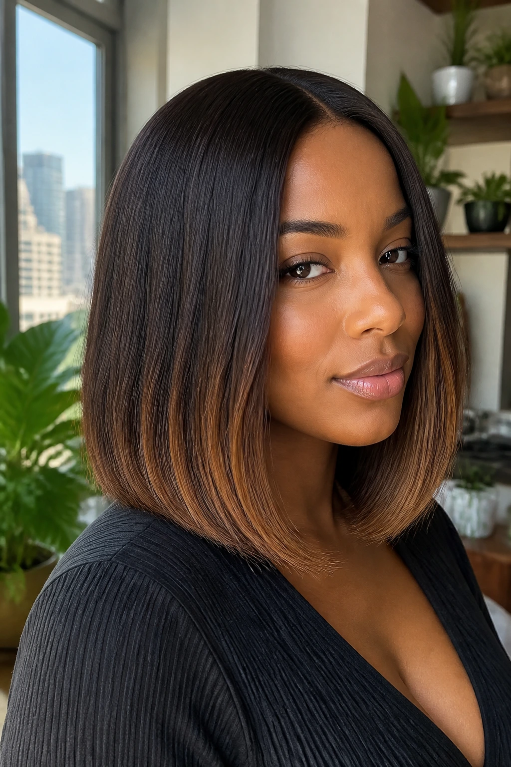 Close-up portrait of a real Black woman with blunt-base lob and mocha ends.