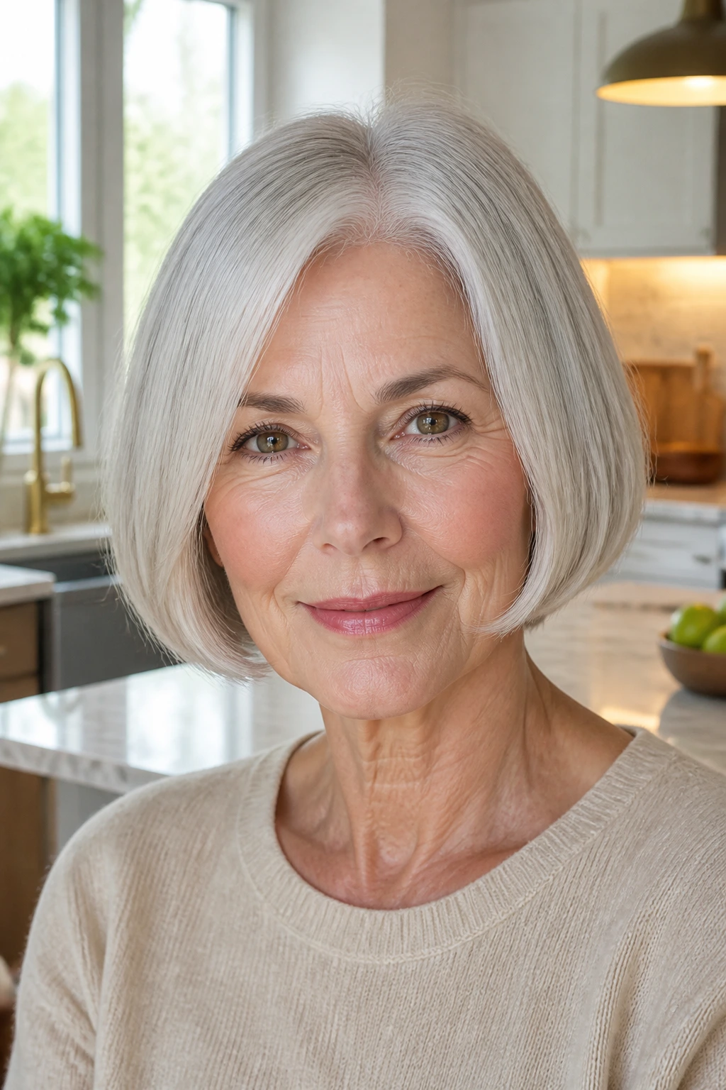 Close-up of a 60s woman with a chin-length blunt bob.