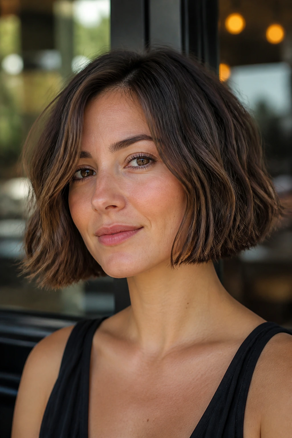 Close-up of a real woman with blunt bob showing a natural air-dried bend