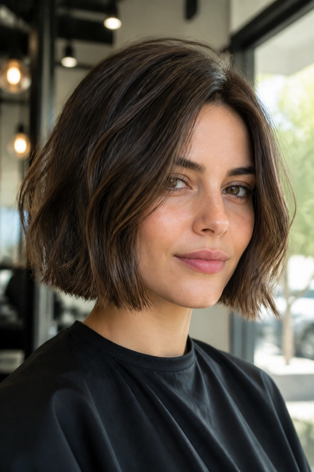 Close-up portrait of a person with a blunt bob and airy ends in a salon