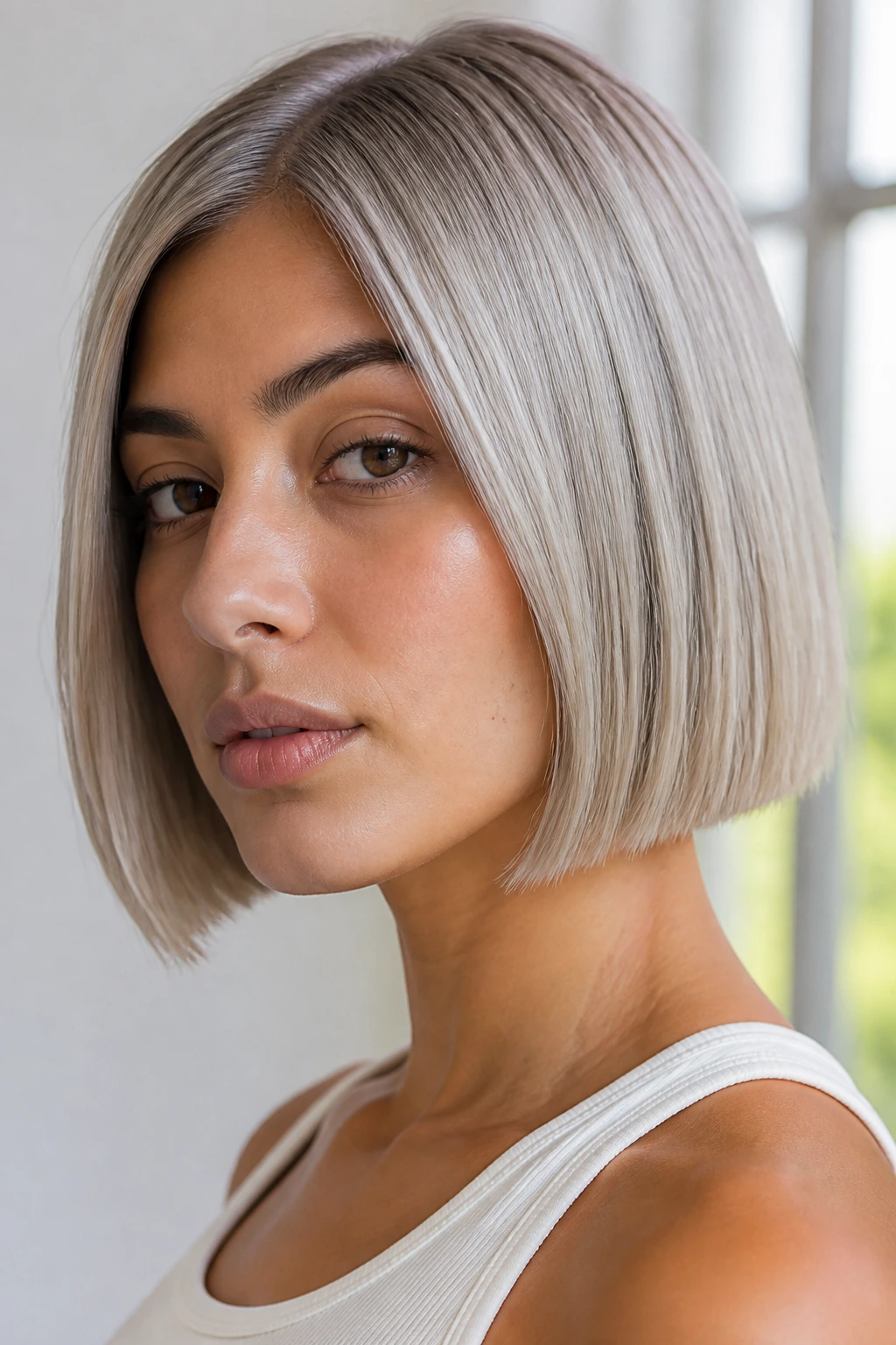 Close-up of a woman with a pearl-ash blunt bob on olive skin