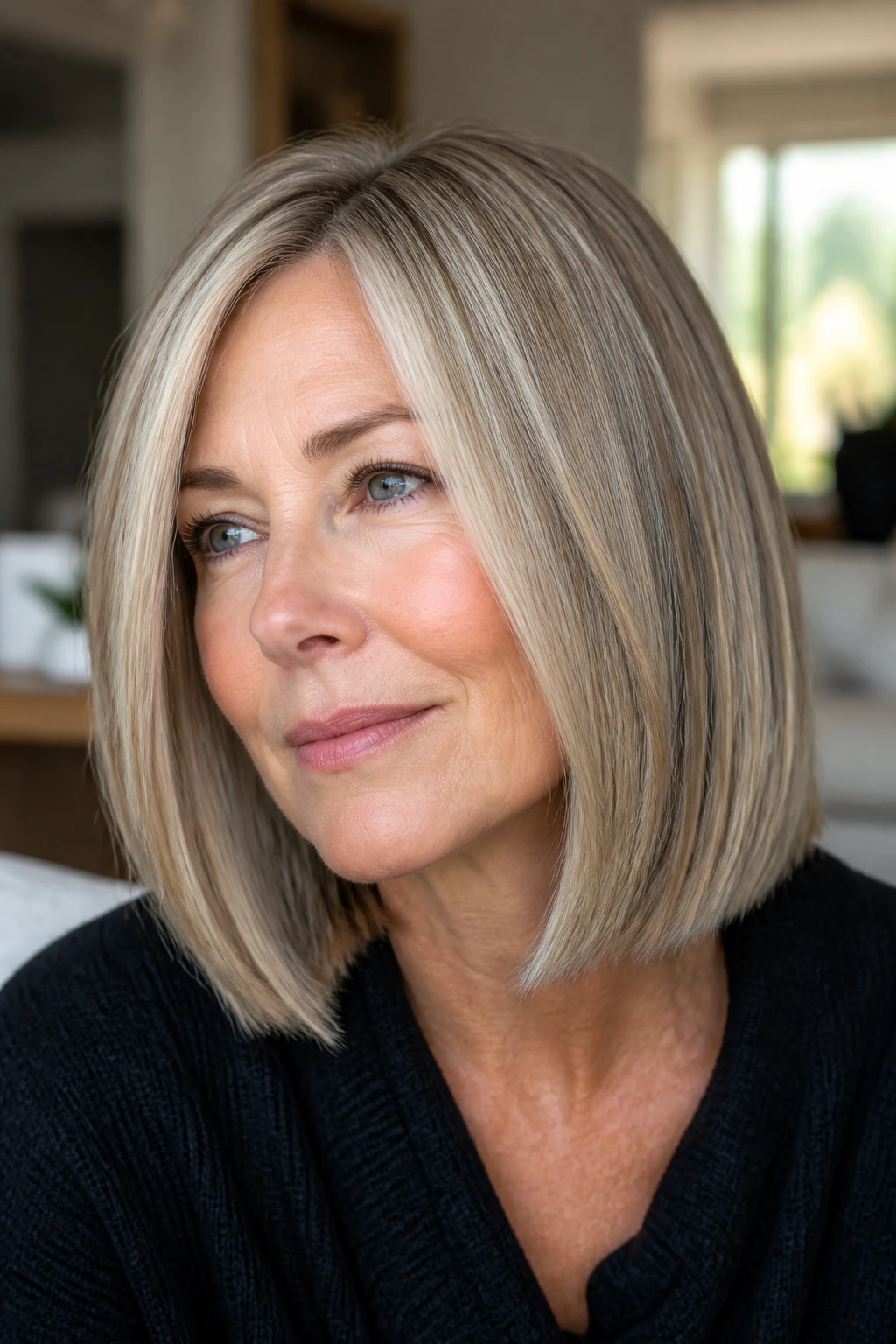 Close-up of blunt shoulder-length bob with ash-blonde babylights