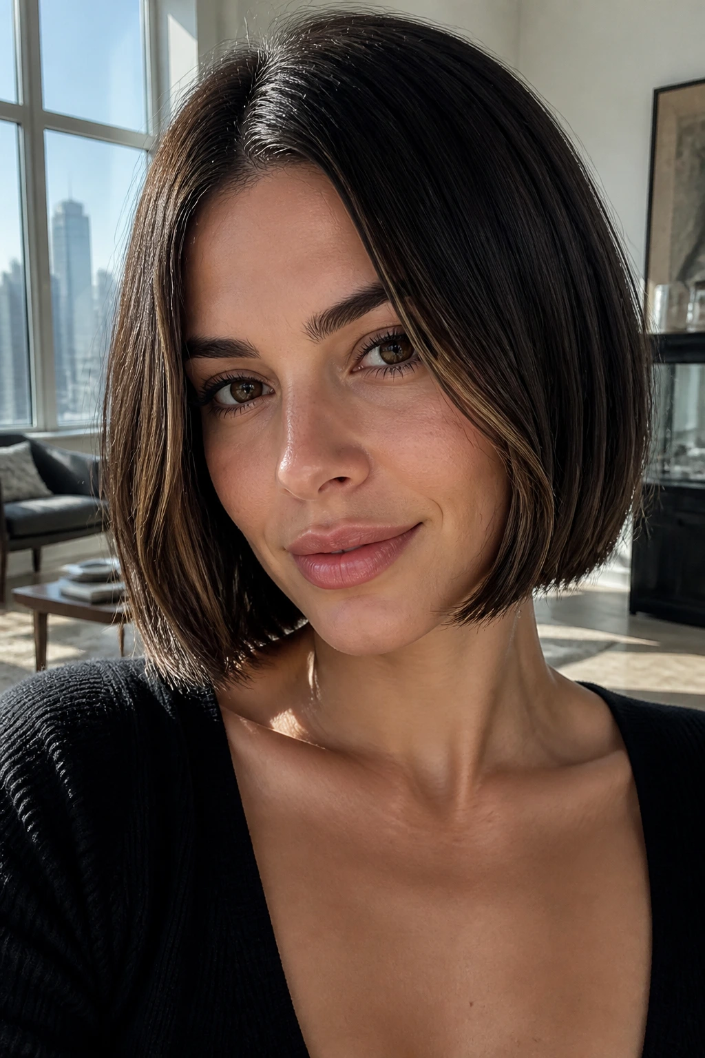Real woman in jaw-grazing blunt bob with hidden babylights