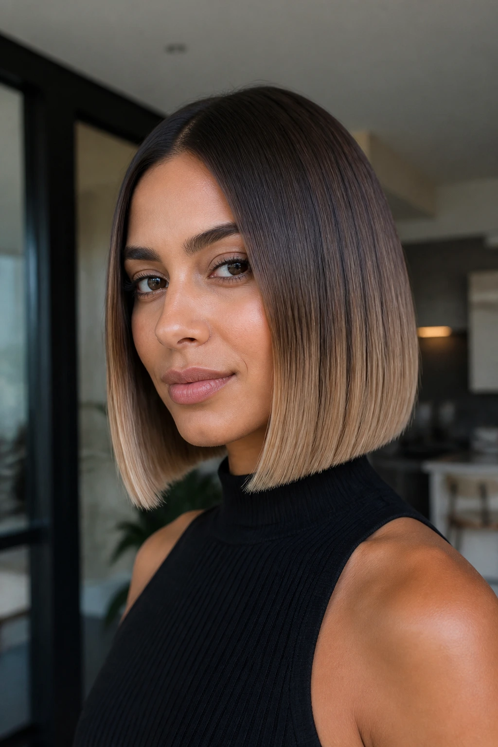 Close-up of a real woman with a sleek blunt bob and beige caramel ends