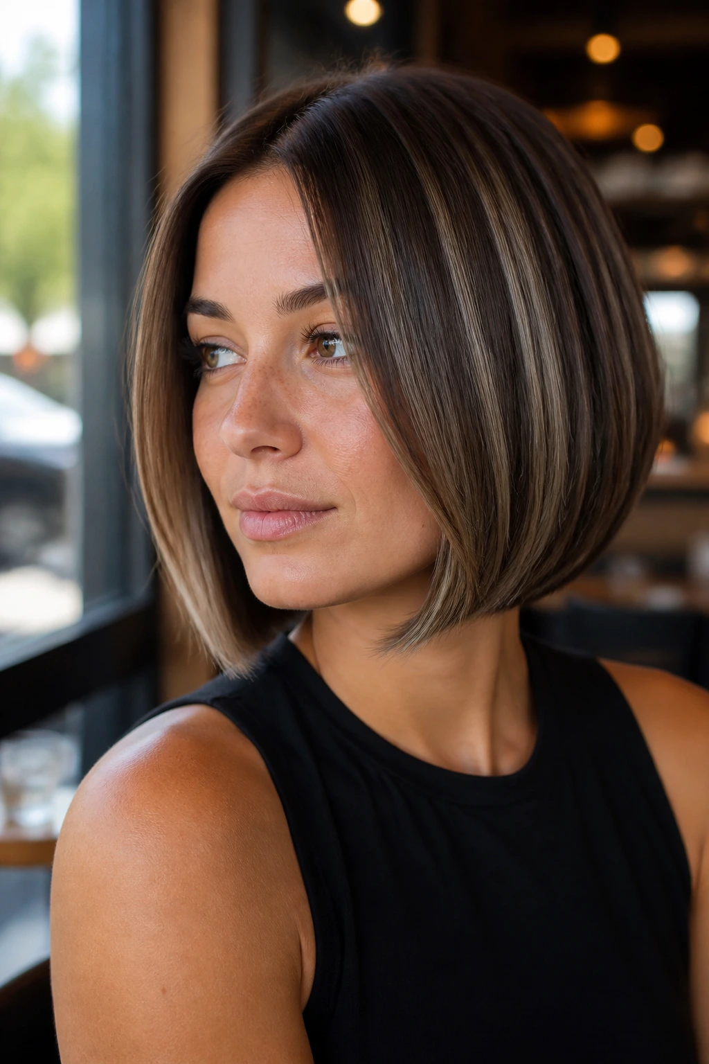 Close-up of a real woman with a blunt bob and subtle bevel at ends