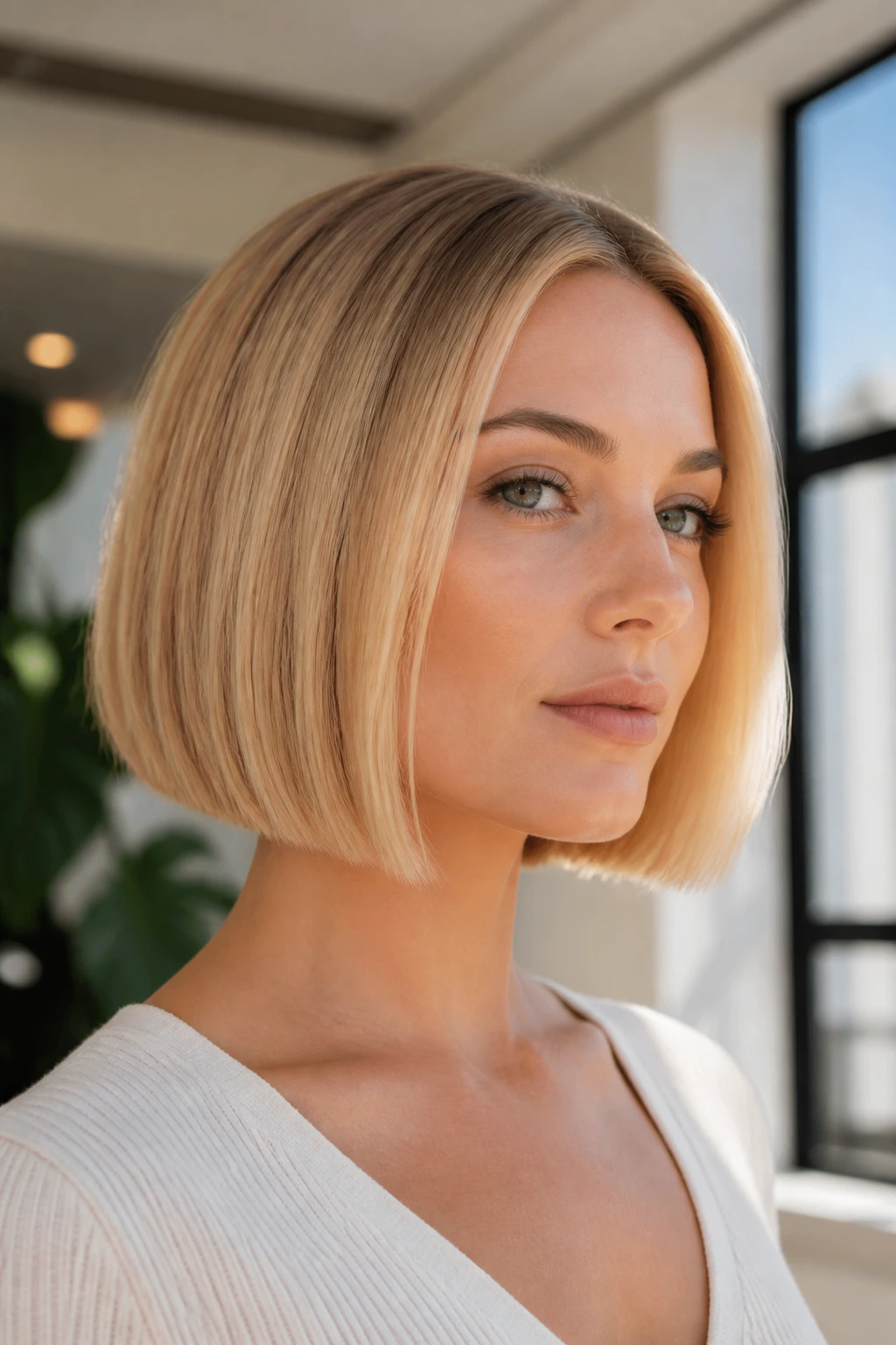Portrait of a woman with chin-skimming blunt blond bob, emphasizing a sharp jawline.