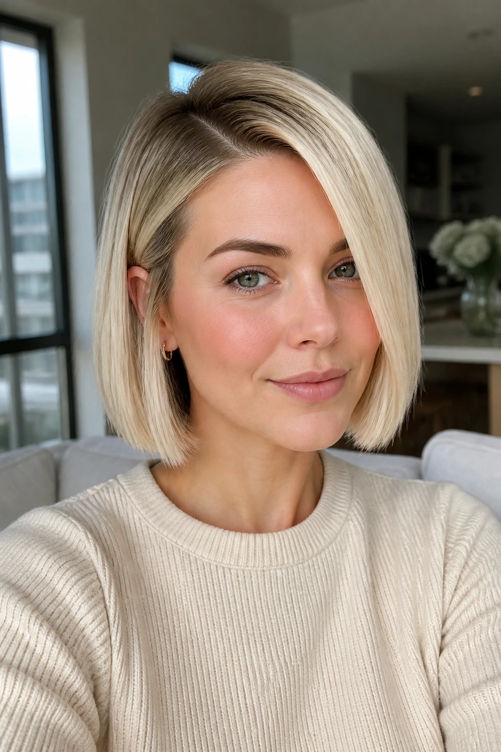 Close-up portrait of a real woman with jaw-length blunt bob and deep side part in cool blonde