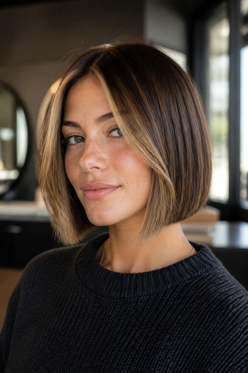 Close-up of blunt bob with money-piece caramel highlights around the face