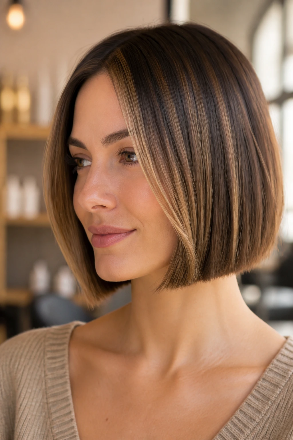 Close-up of a real person with a blunt chin-length bob and caramel ribbons around the face