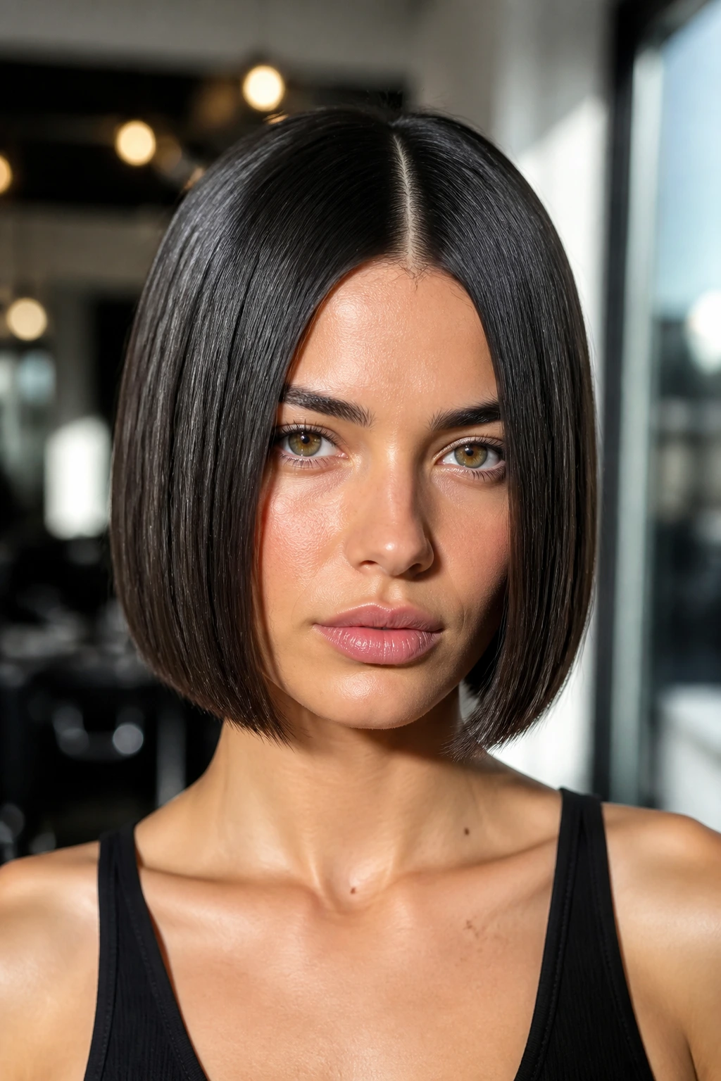 Portrait of a woman with a sleek blunt bob and center part.