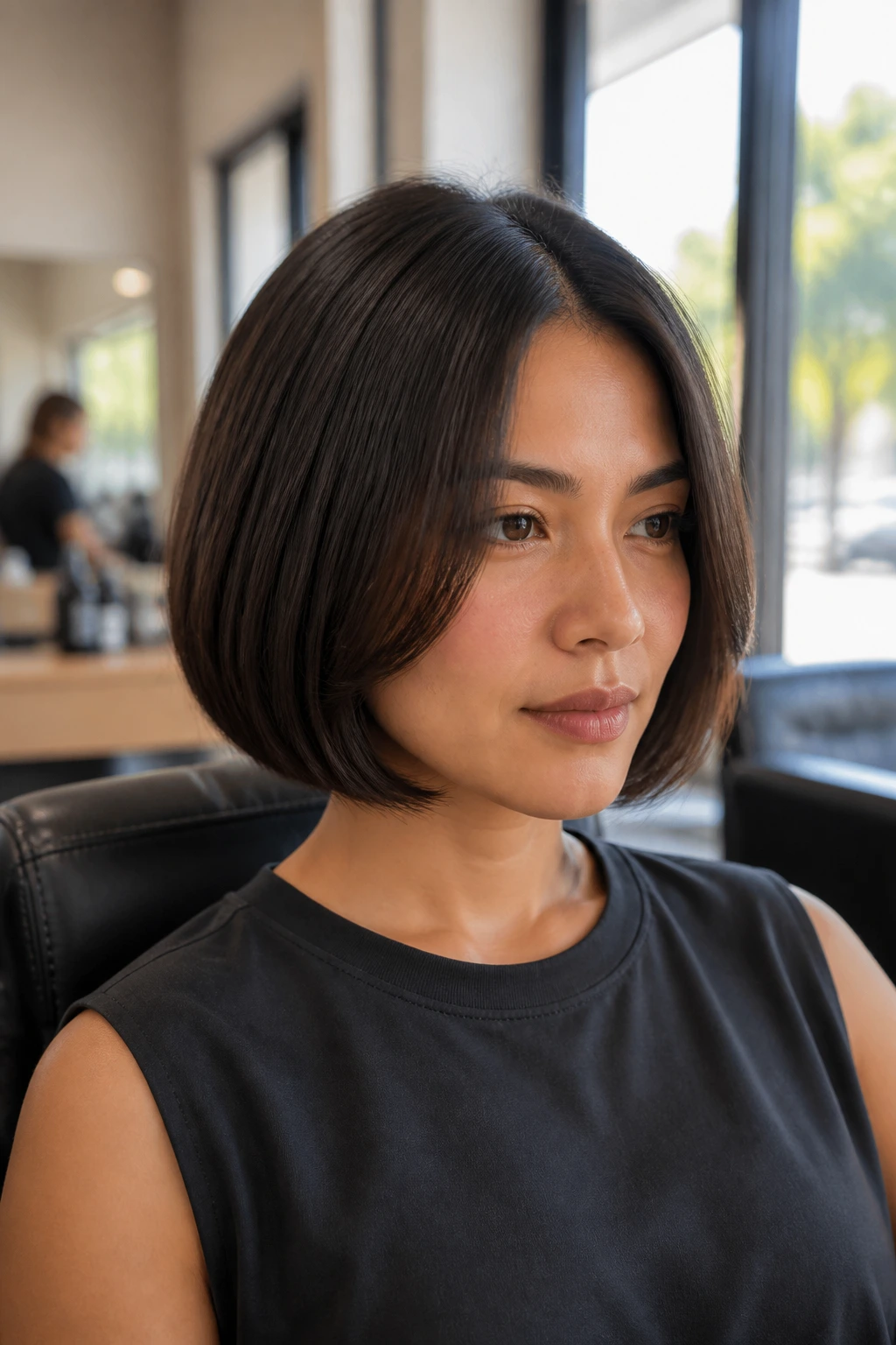 Close-up of blunt chin-length bob with soft center part on thick hair