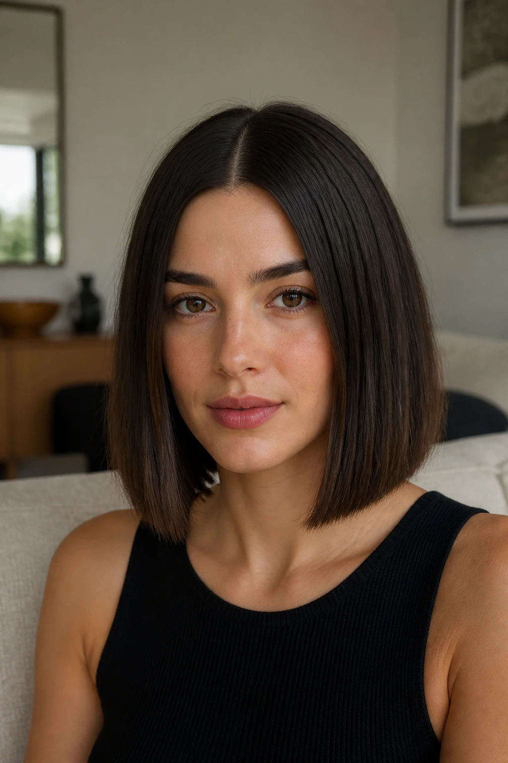 Real woman with blunt mid-length bob and center part