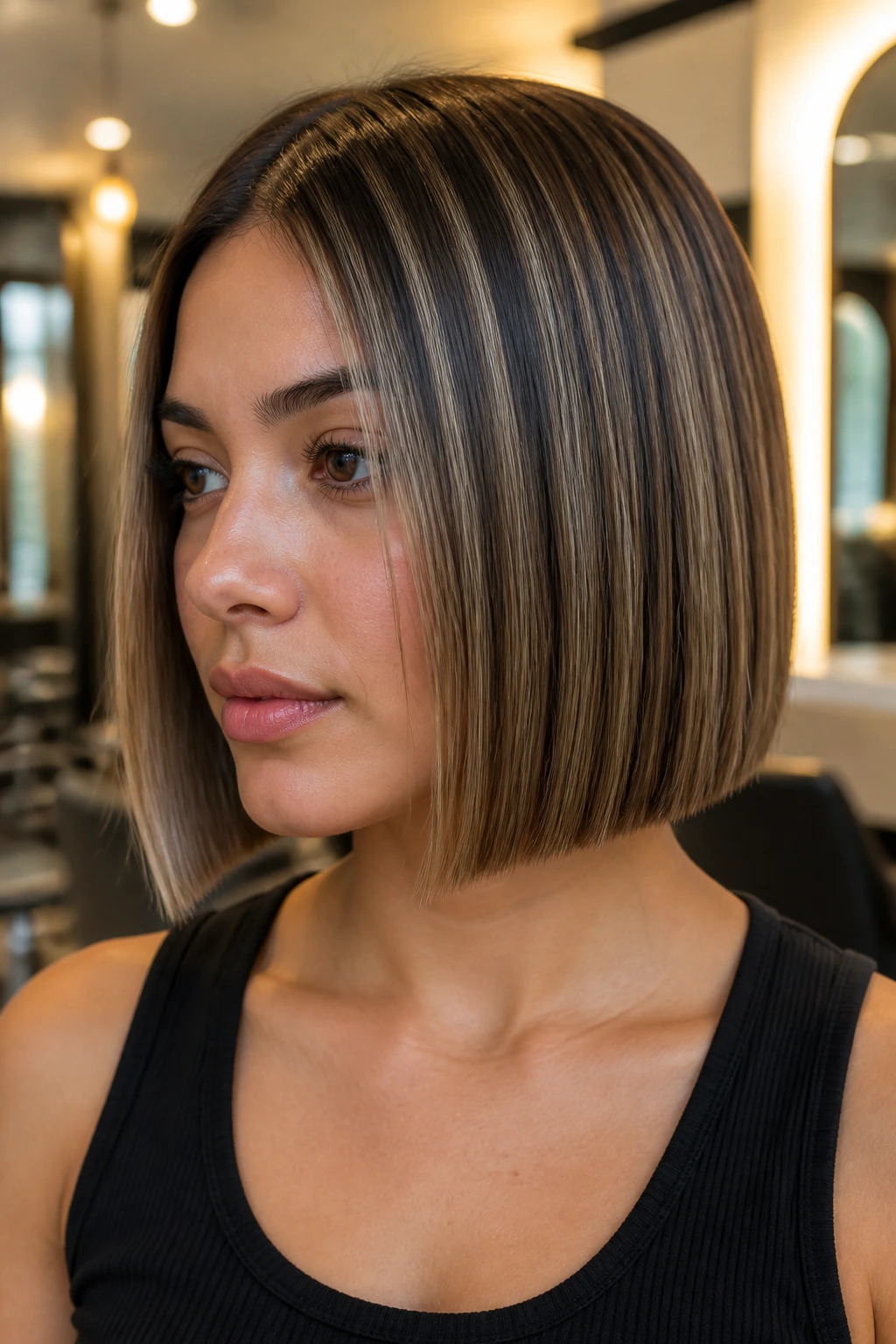 Close-up portrait of a real woman with a sleek blunt bob and champagne highlights in a salon setting