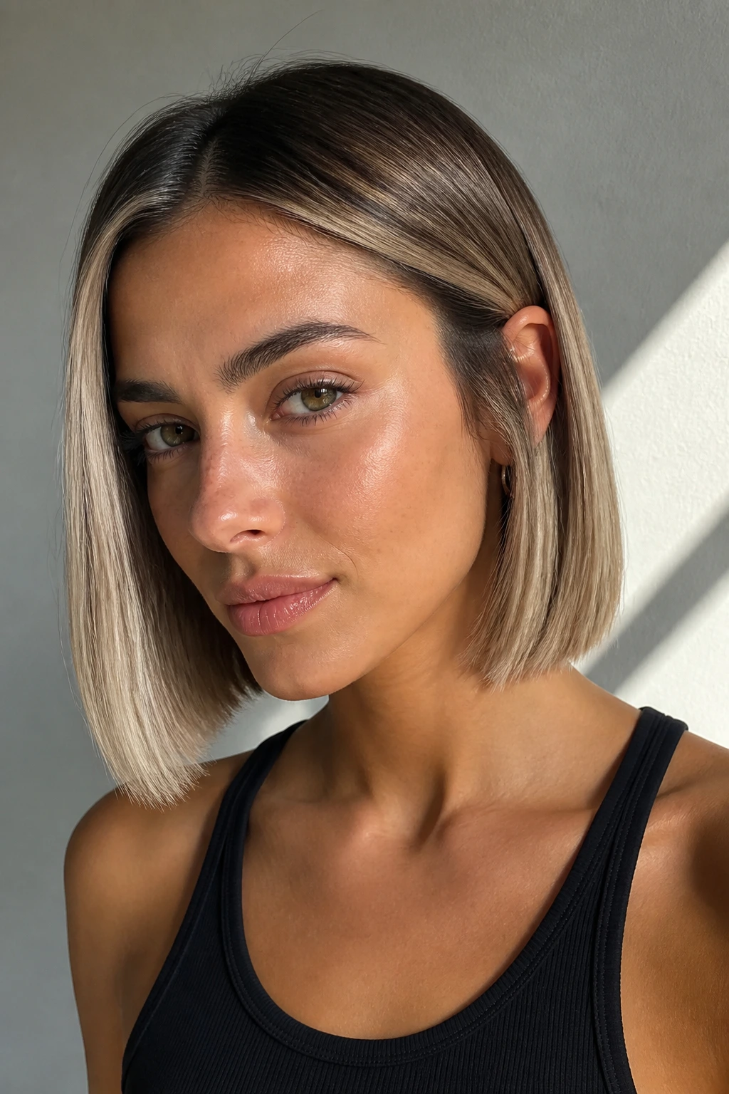 Close-up of sleek blunt bob with rooted champagne highlights on olive skin.