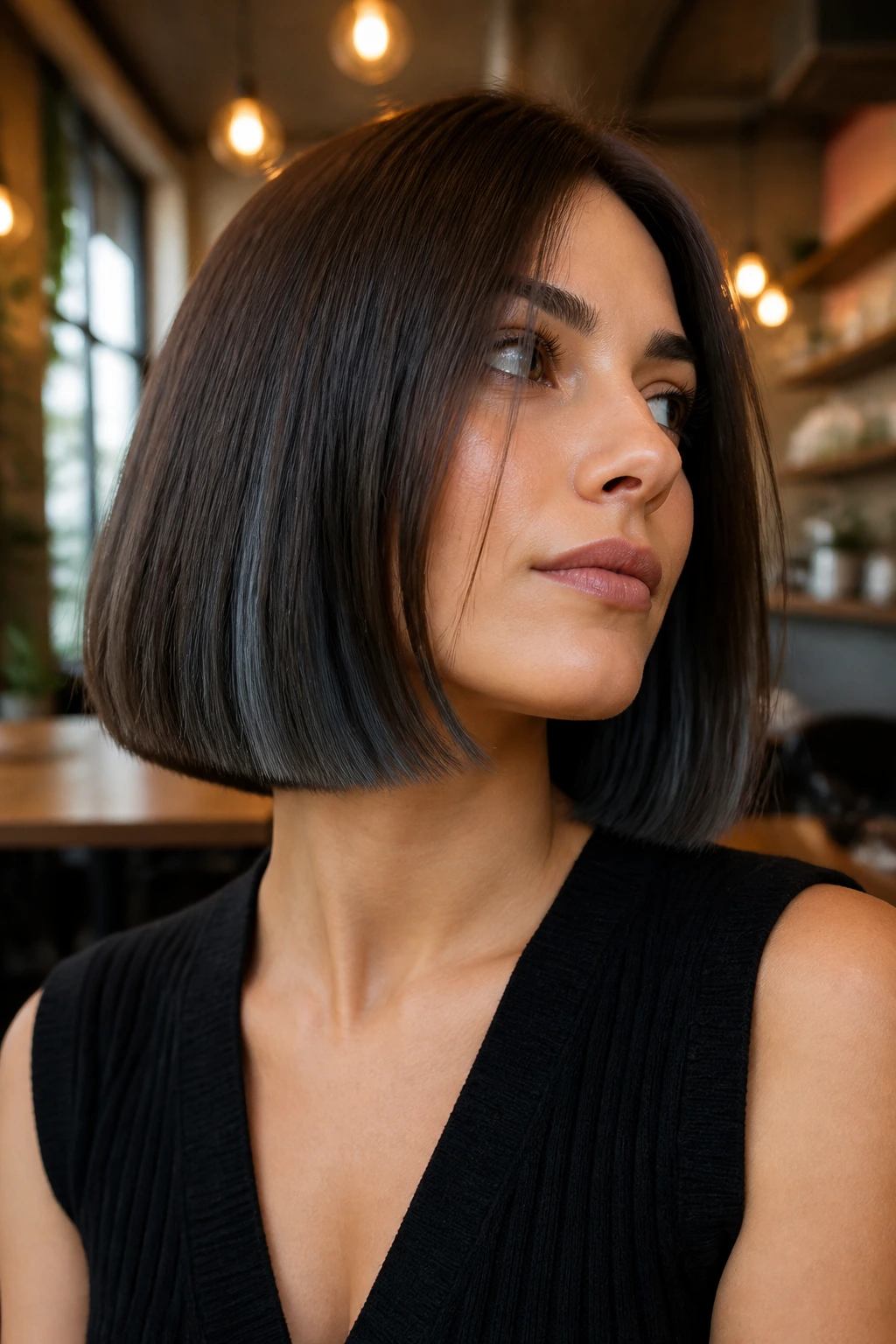 Portrait of a person with a blunt bob and charcoal underlights.