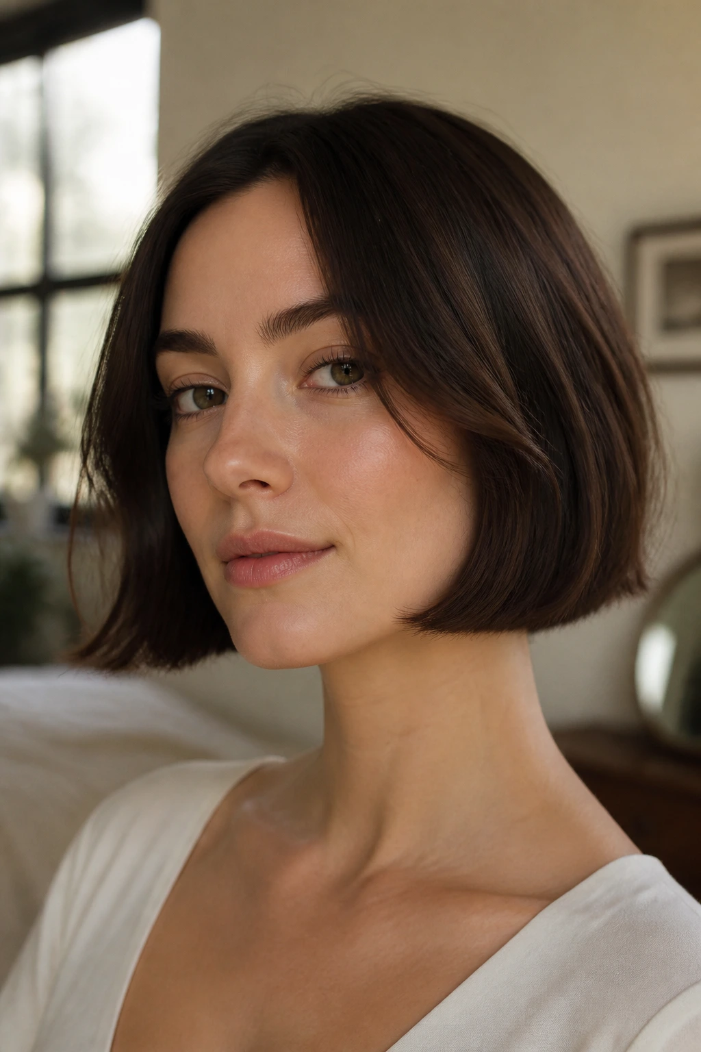 Close-up of a real woman with a chin-grazing blunt bob