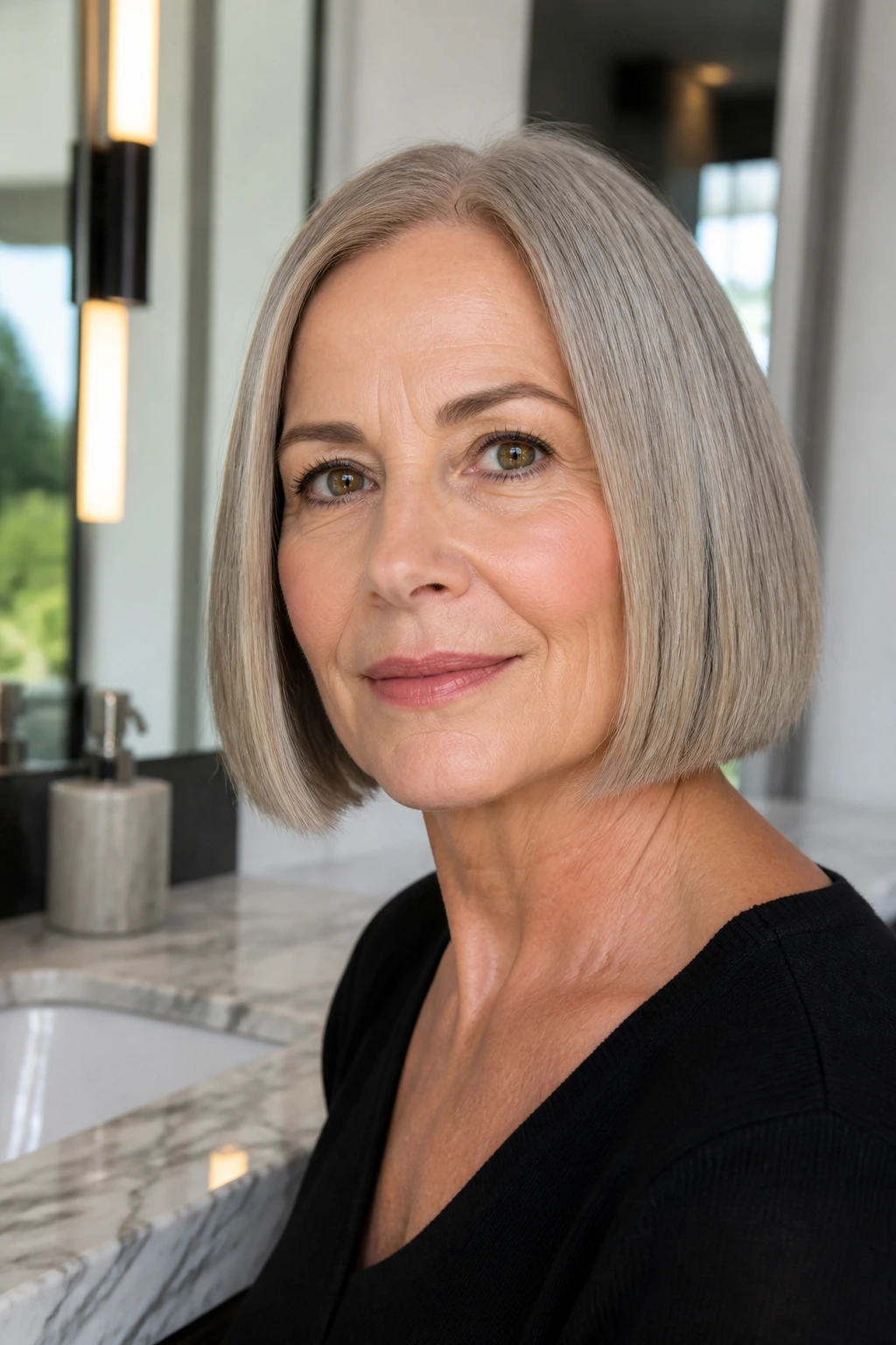 Real woman with chin-length blunt bob close-up