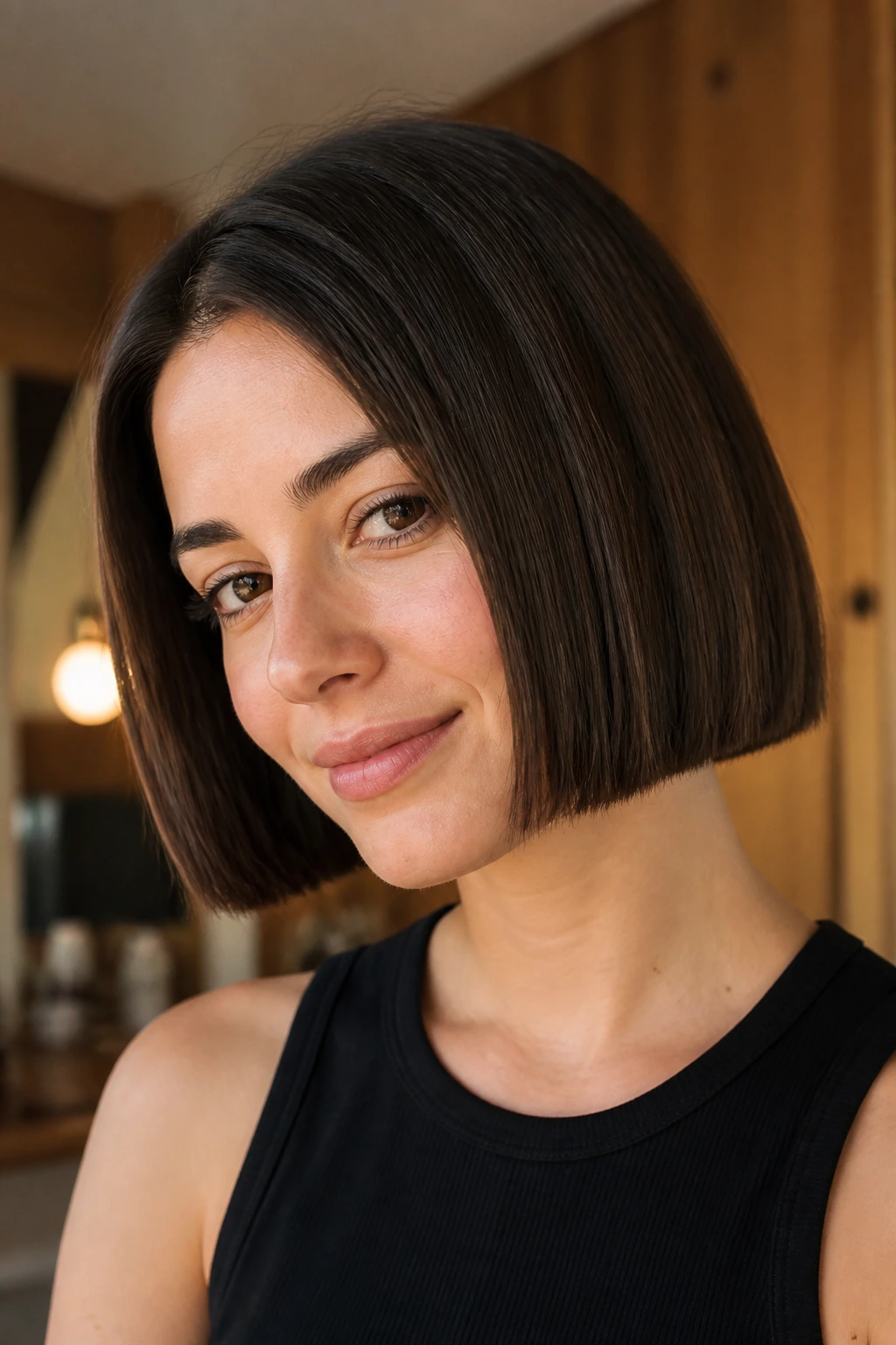 Close-up of a woman with a chin-length blunt bob.